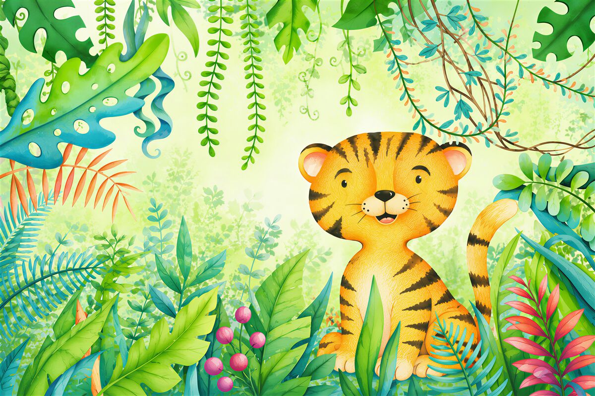 Fototapeten Lächelnder Tiger in hellen Blättern
