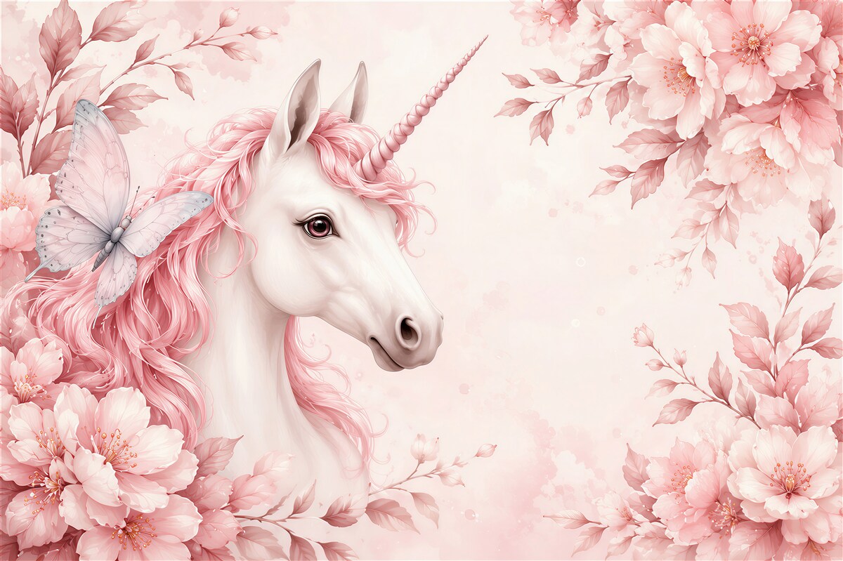Fototapeten Einhorn mit einem Schmetterling in Rosa
