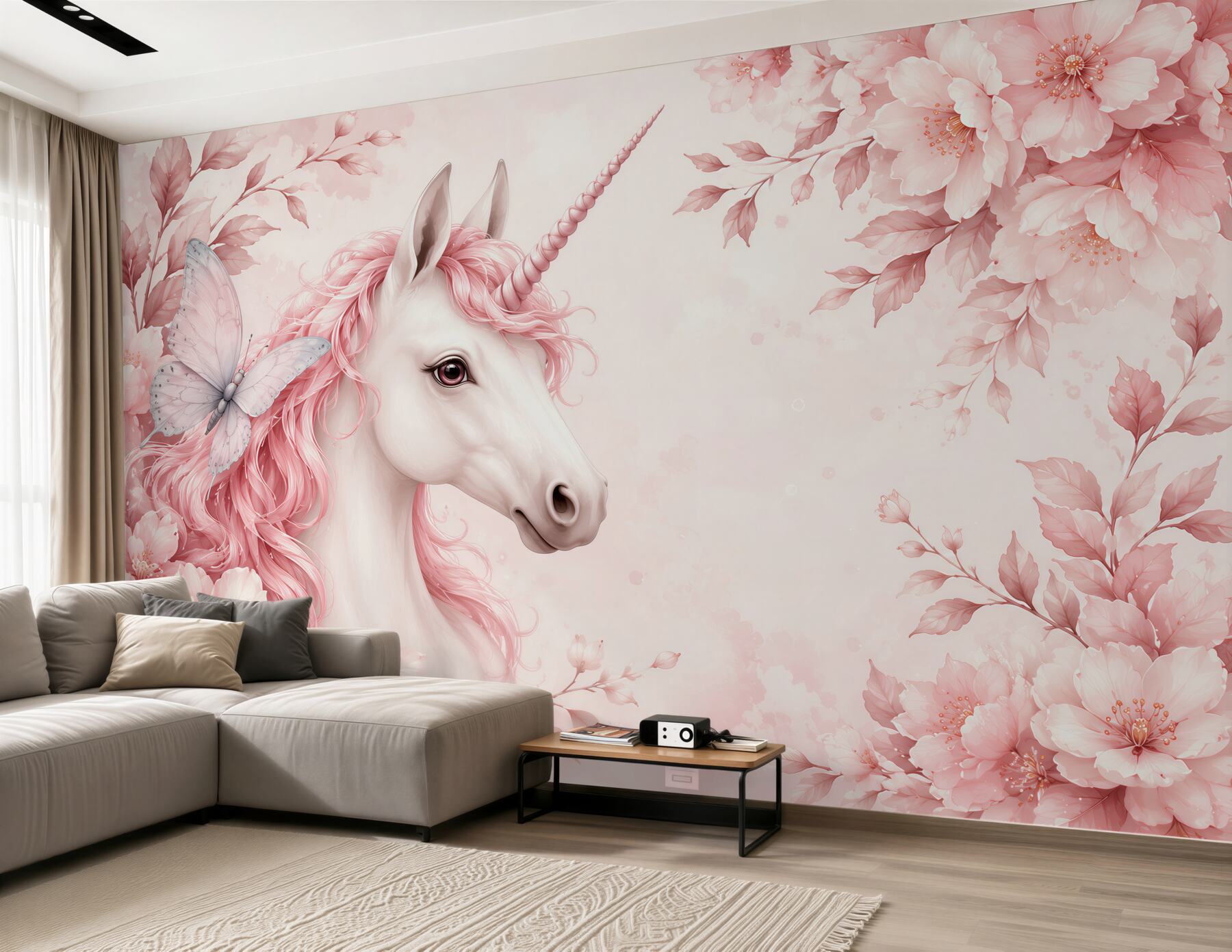 Fototapeten Einhorn mit einem Schmetterling in Rosa
