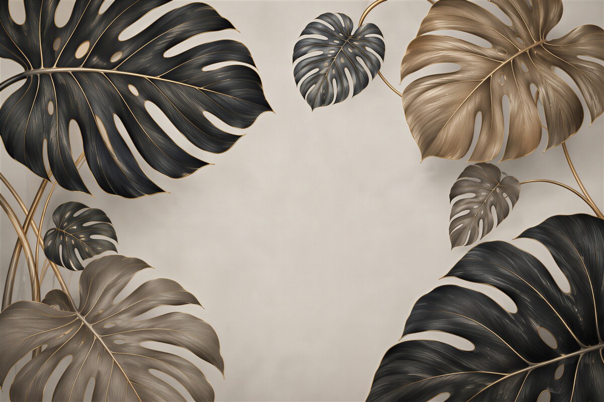 Fototapeten Monstera-Blätter beige-grün subtil tropisches Muster