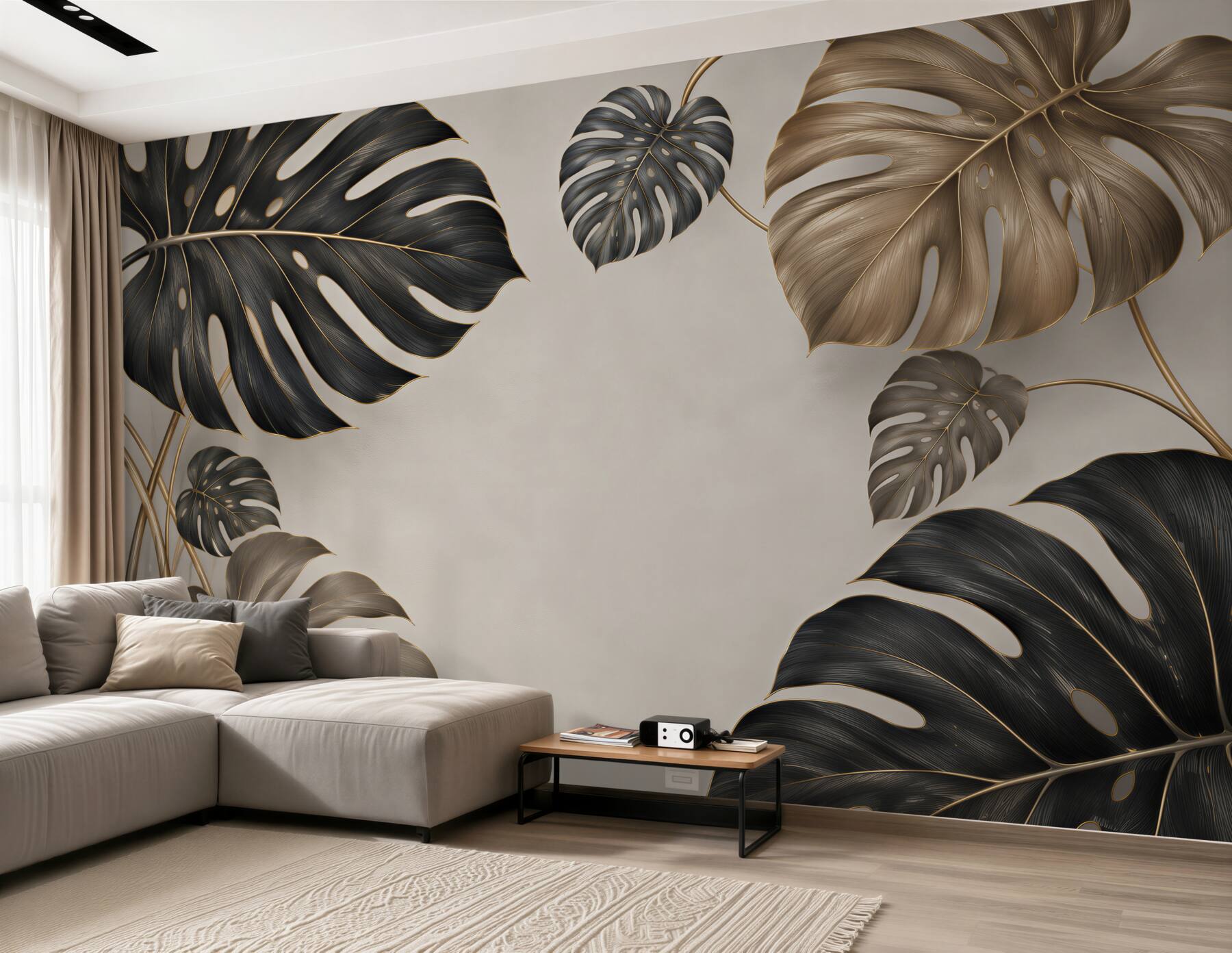 Fototapeten Monstera-Blätter beige-grün subtil tropisches Muster