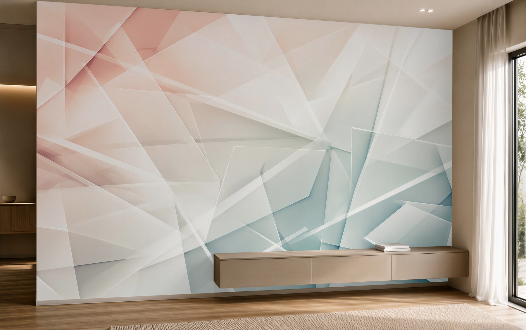 Fototapeten geometrische Pastellabstraktion in Rosa und Blau für ein modernes Wohnzimmer