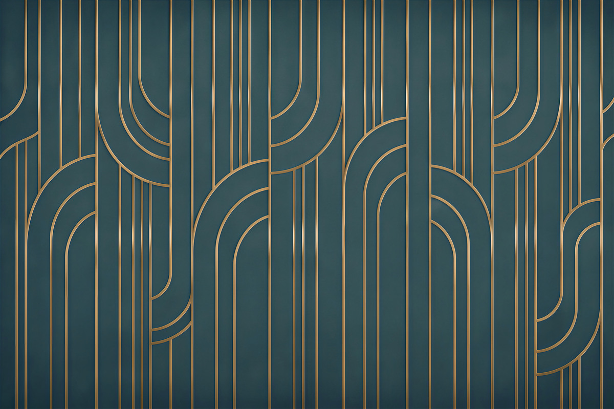 Fototapeten geometrische 3D-Bögen in Beige mit goldenen Linien modern