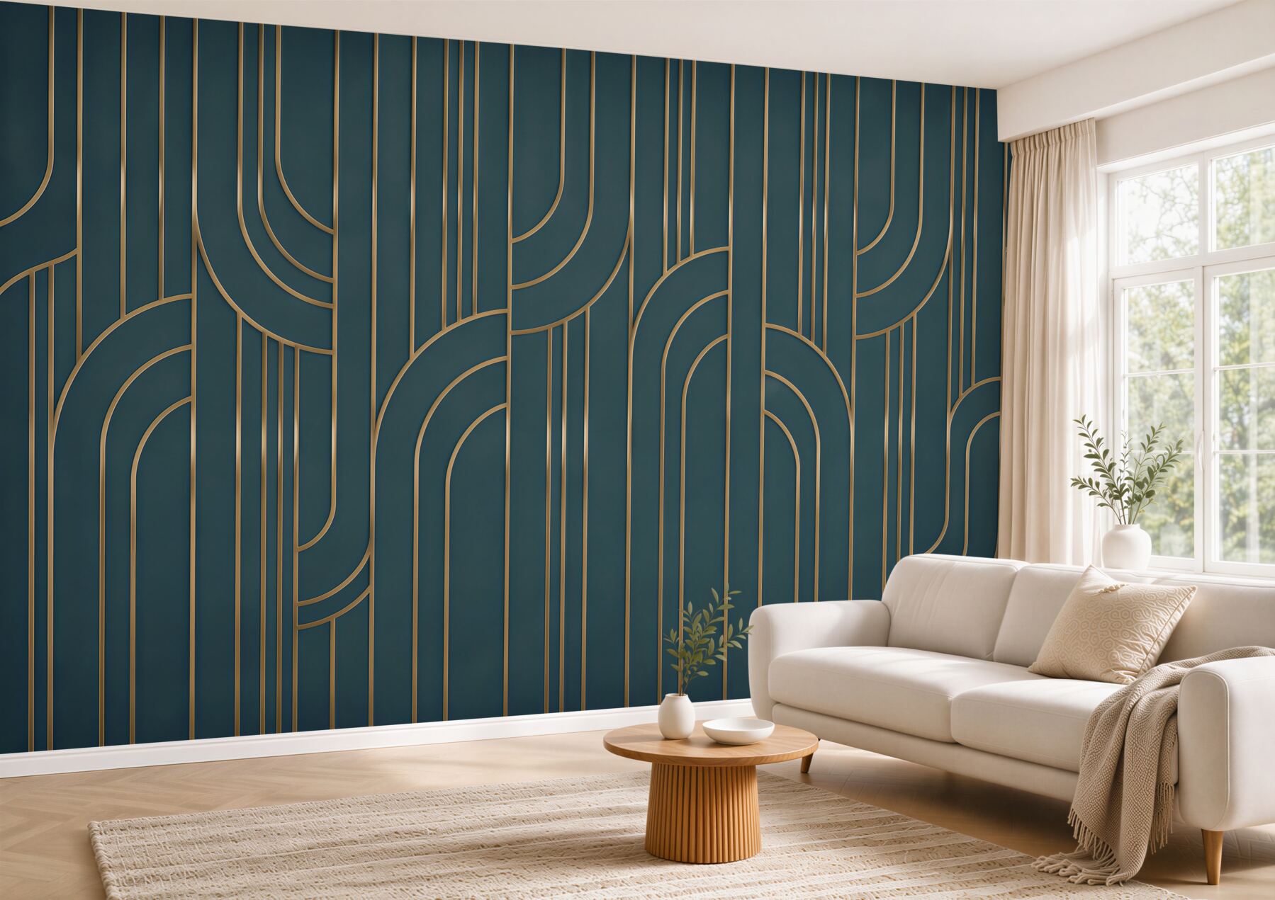 Fototapeten geometrische 3D-Bögen in Beige mit goldenen Linien modern