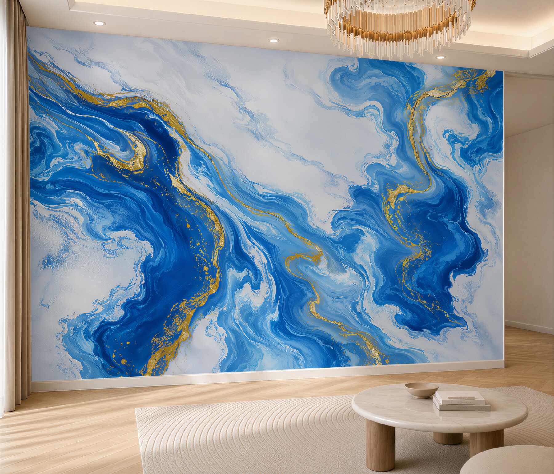 Fototapeten abstrakter Marmor in Weiß und Blau mit goldenen Adern