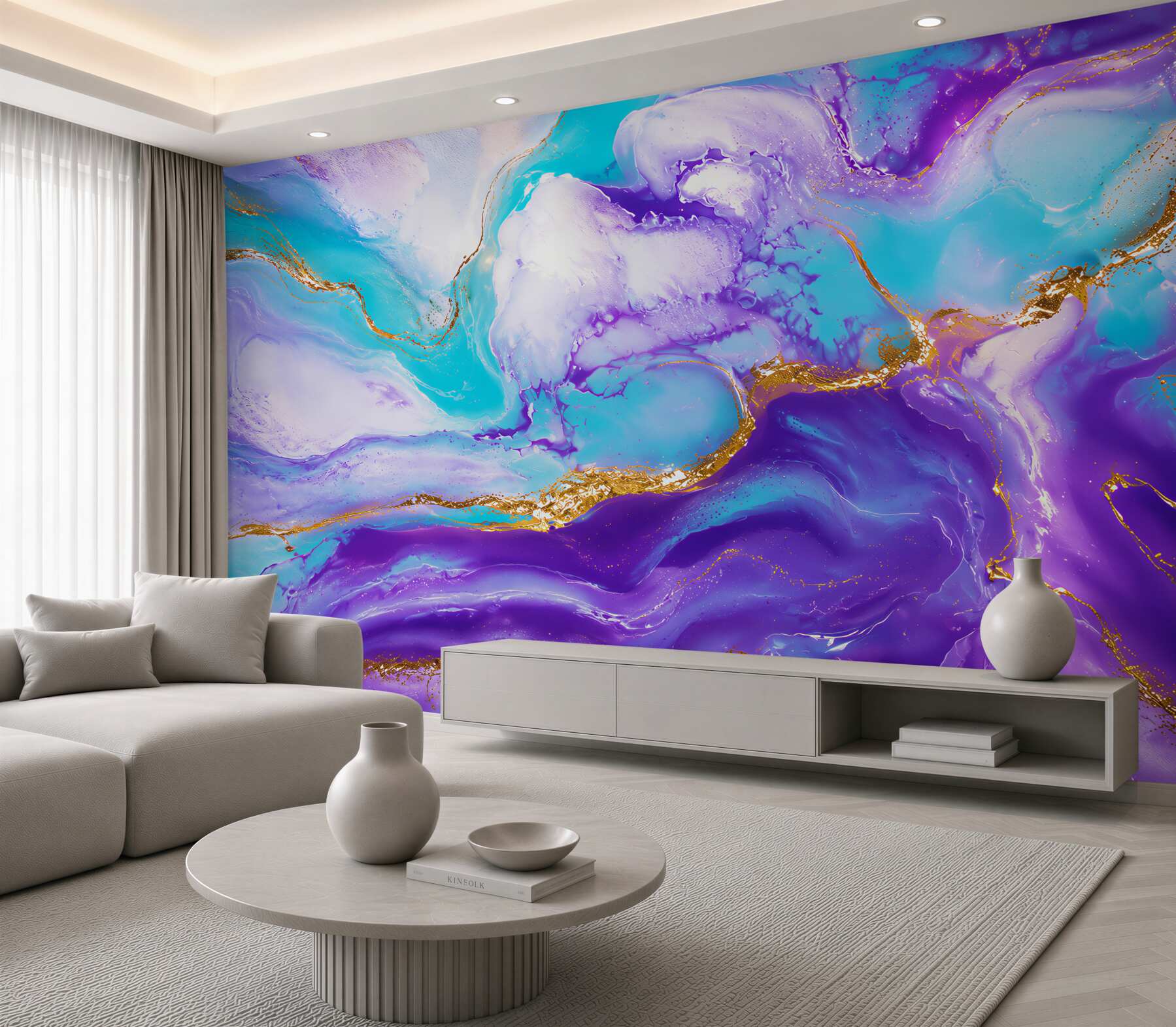 Fototapeten abstrakter Pastell-Marmor in Violett und Blau mit goldenen Adern
