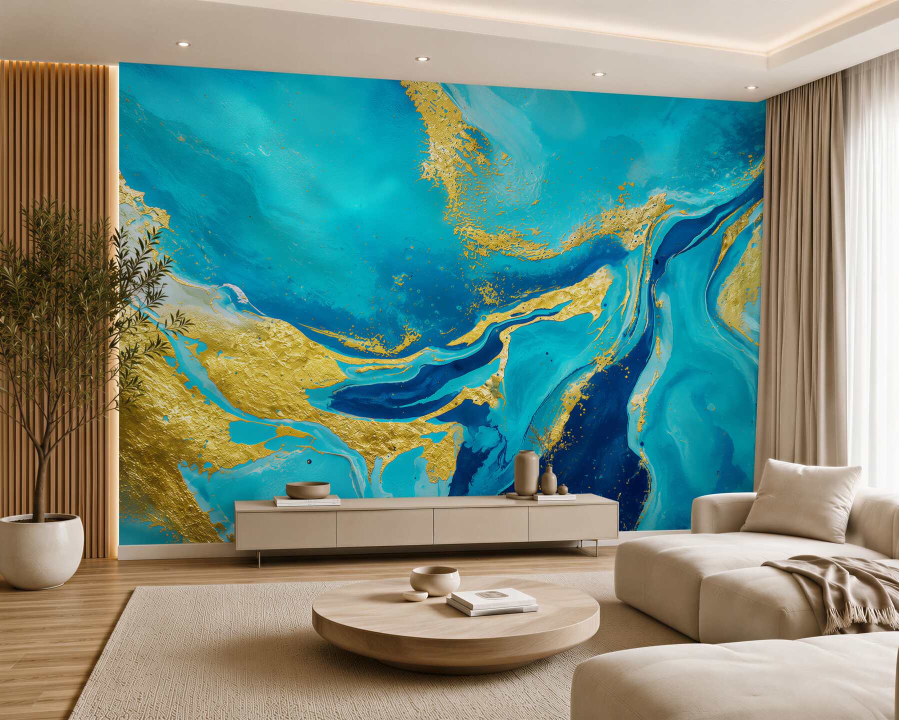 Fototapeten eleganter abstrakter blau-goldener Marmor für ein modernes Wohnzimmer
