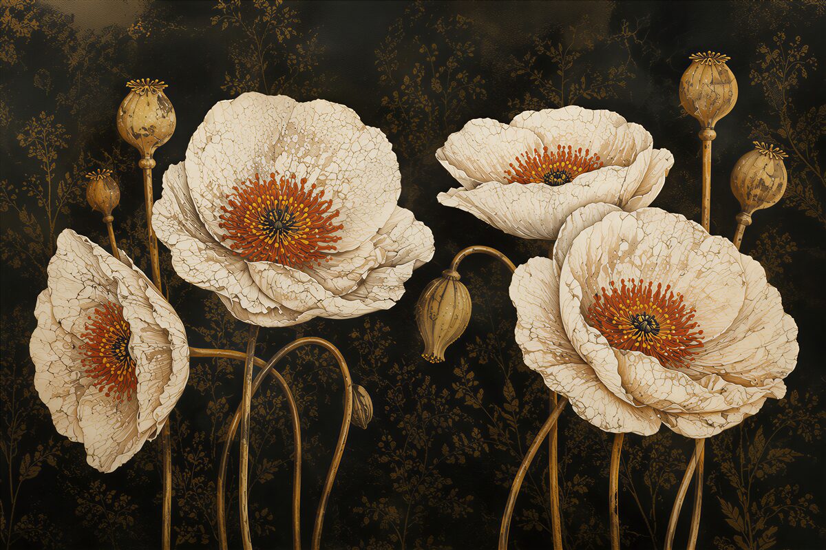 Fototapeten weiße Mohnblumen beige subtil für ein elegantes Interieur