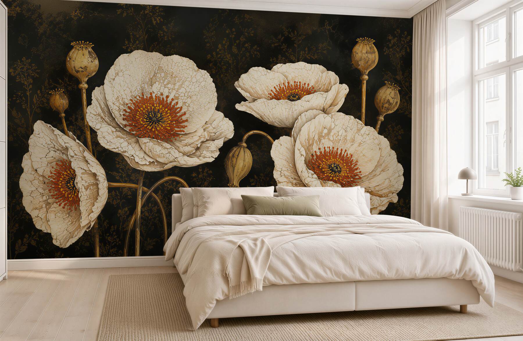 Fototapeten weiße Mohnblumen beige subtil für ein elegantes Interieur