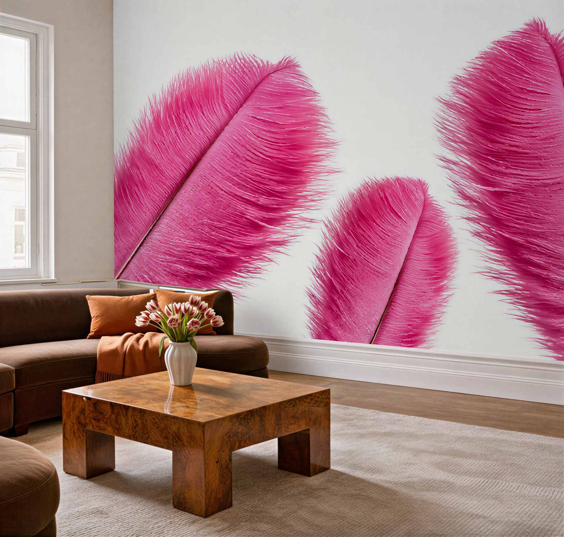 Fototapeten rosa Federn auf hellem Hintergrund zart für das Schlafzimmer