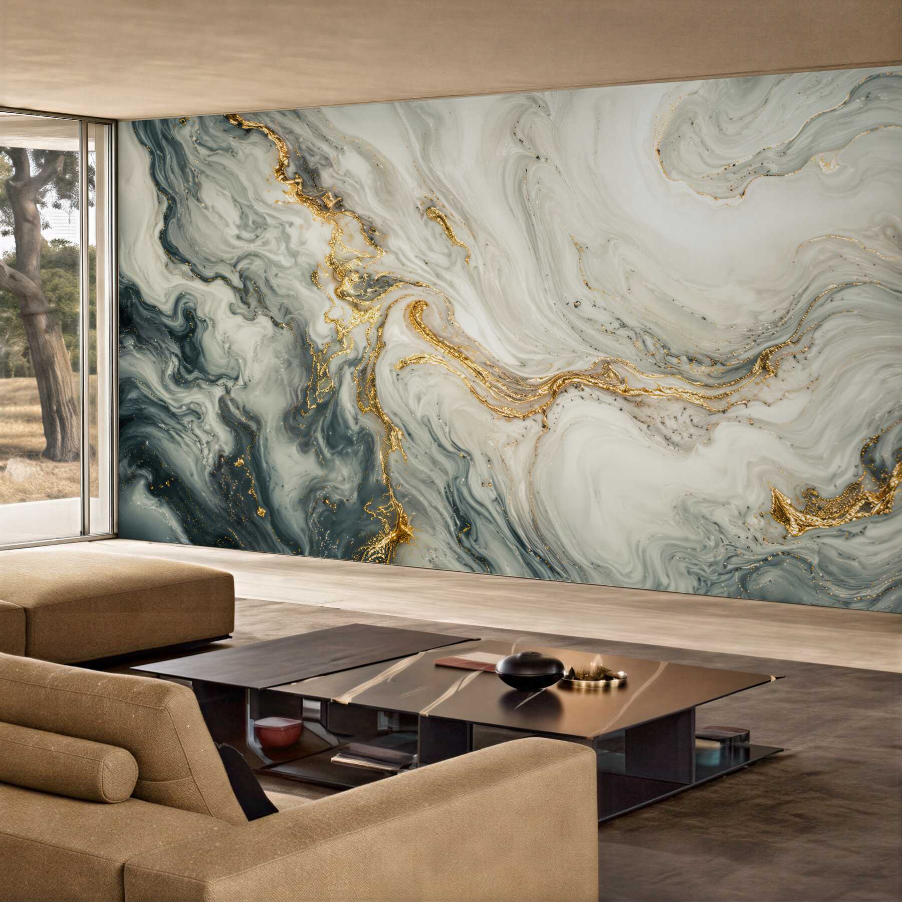 Fototapeten weiß-blauer Marmor mit goldenen Adern modern
