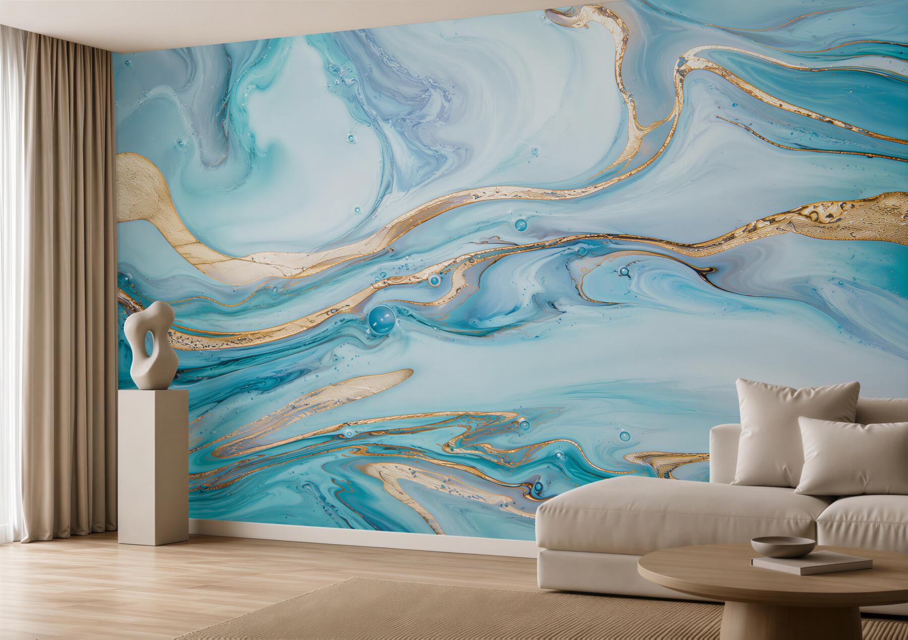 Fototapeten abstrakte blaue Wellen mit goldenen Linien für das Wohnzimmer