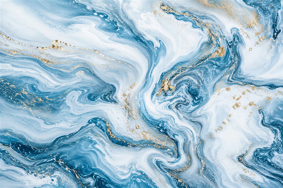 Fototapeten abstrakter blau-weißer Marmor mit goldenen Akzenten