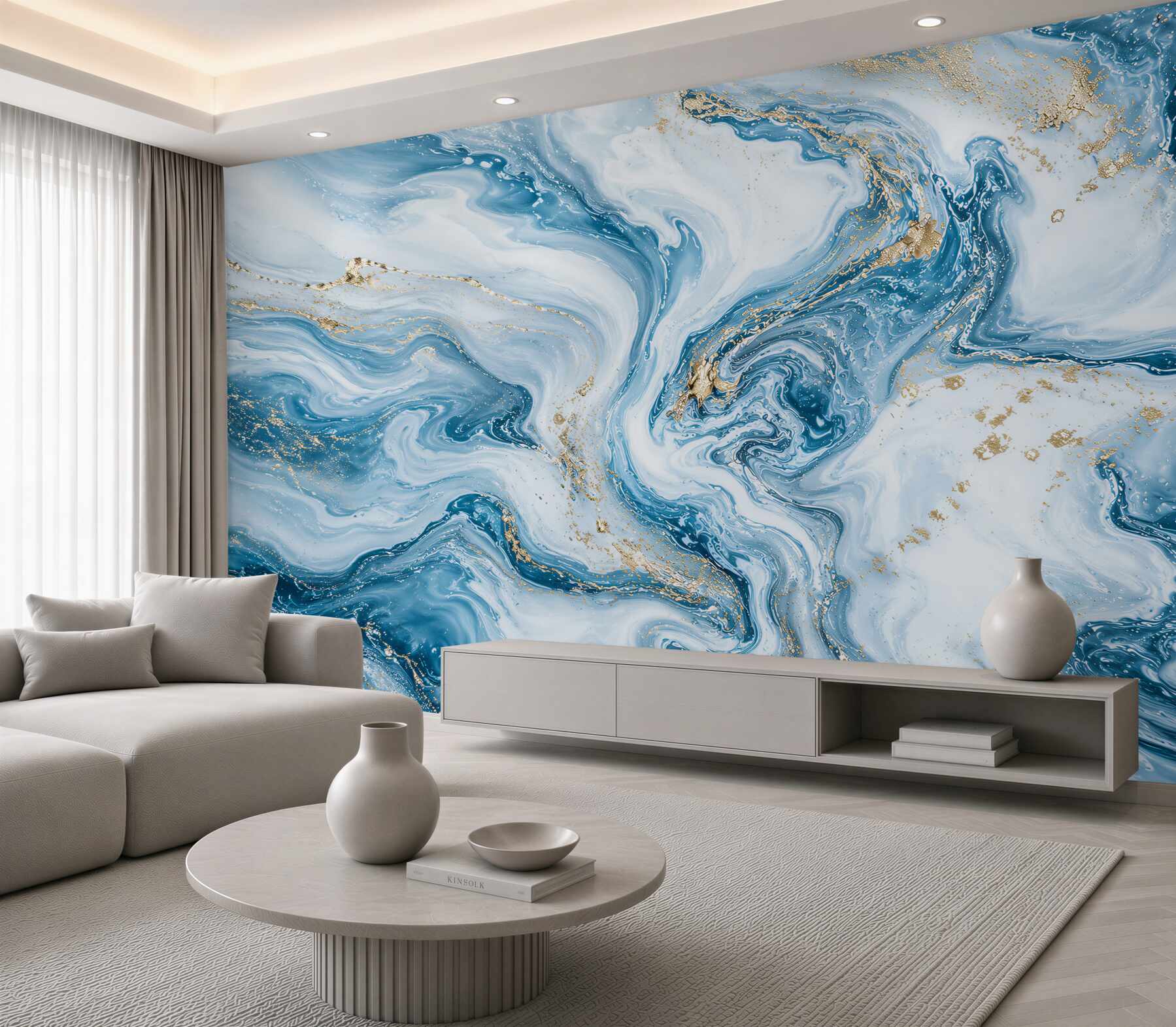 Fototapeten abstrakter blau-weißer Marmor mit goldenen Akzenten