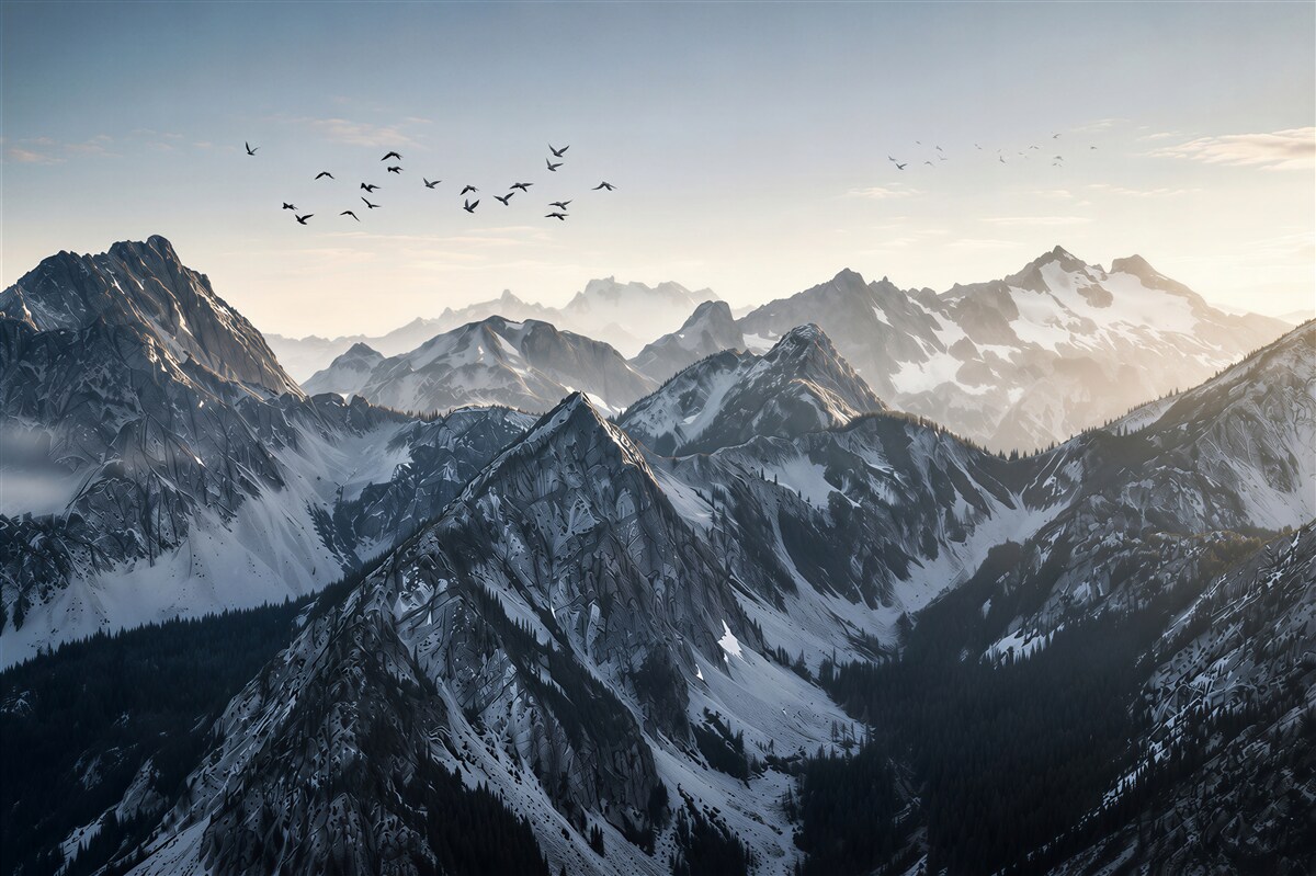 Fototapeten Berglandschaft im Nebel mit Vögeln bei Tagesanbruch