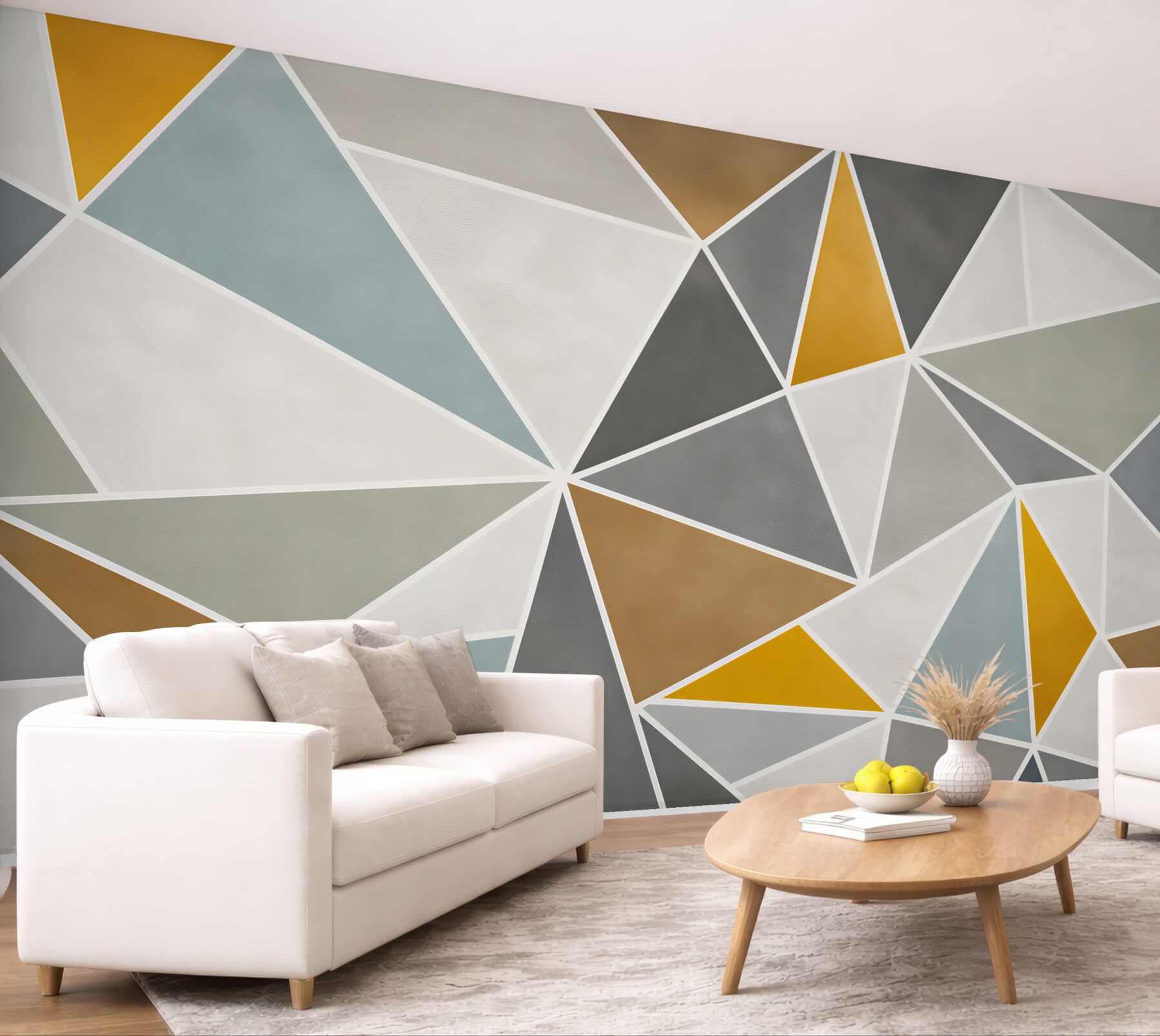 Fototapeten geometrische Dreiecke beige und grau mit goldenen Akzenten modern