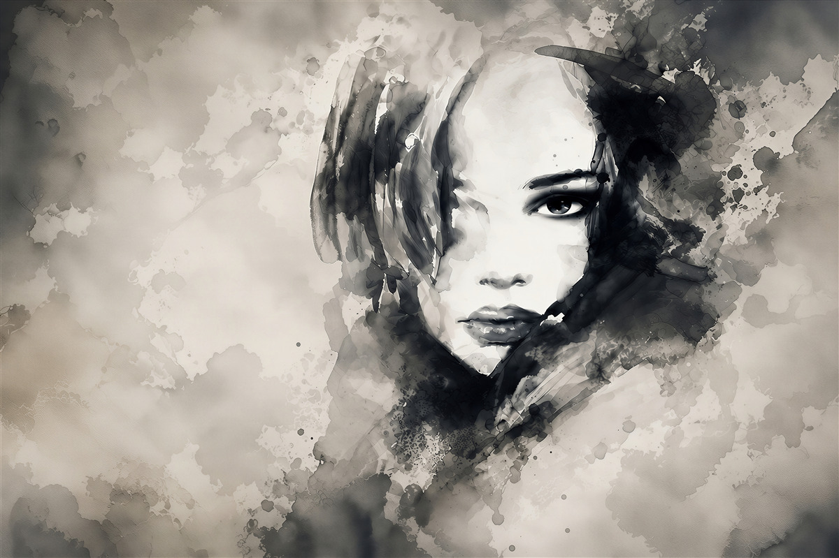 Fototapeten weibliches Porträt Aquarell in Sepia elegant für das Wohnzimmer