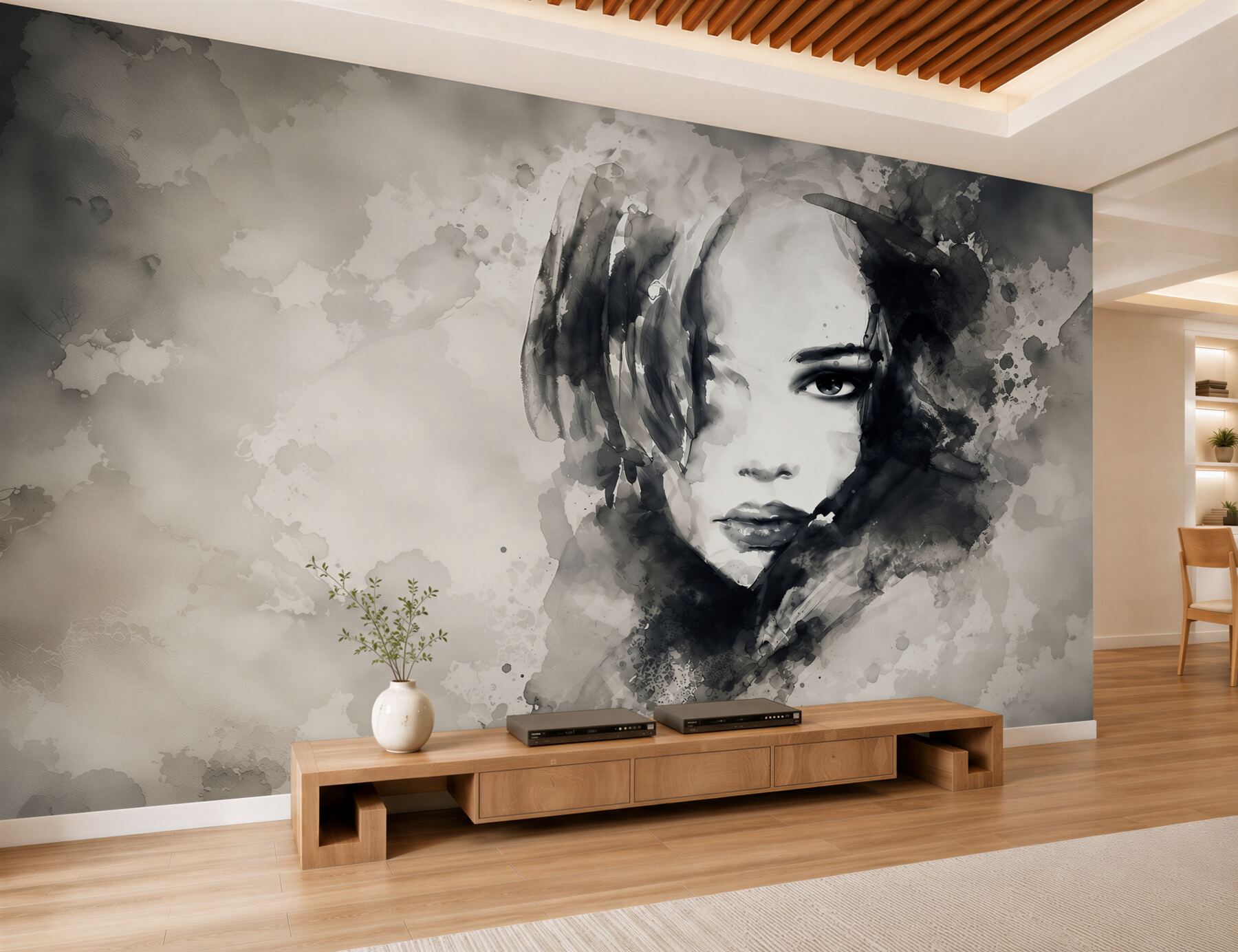 Fototapeten weibliches Porträt Aquarell in Sepia elegant für das Wohnzimmer