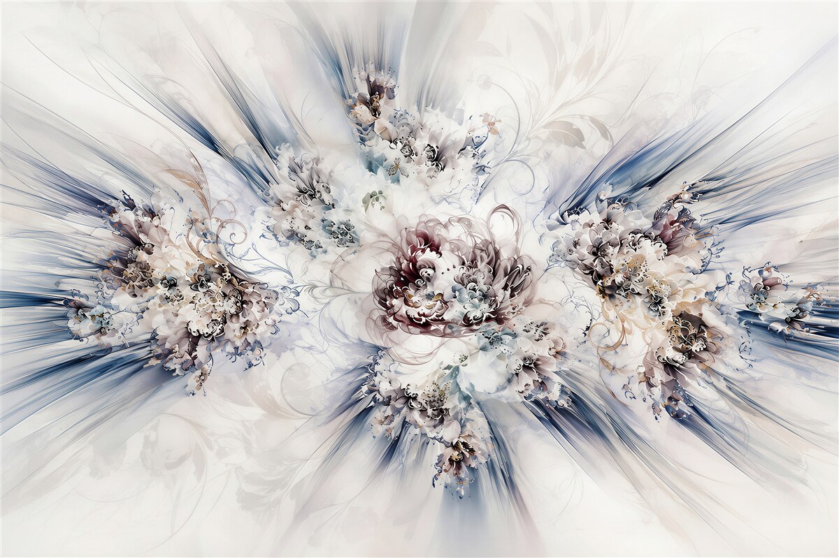 Fototapeten abstrakte Blumen blau-beige mit goldenen Linien