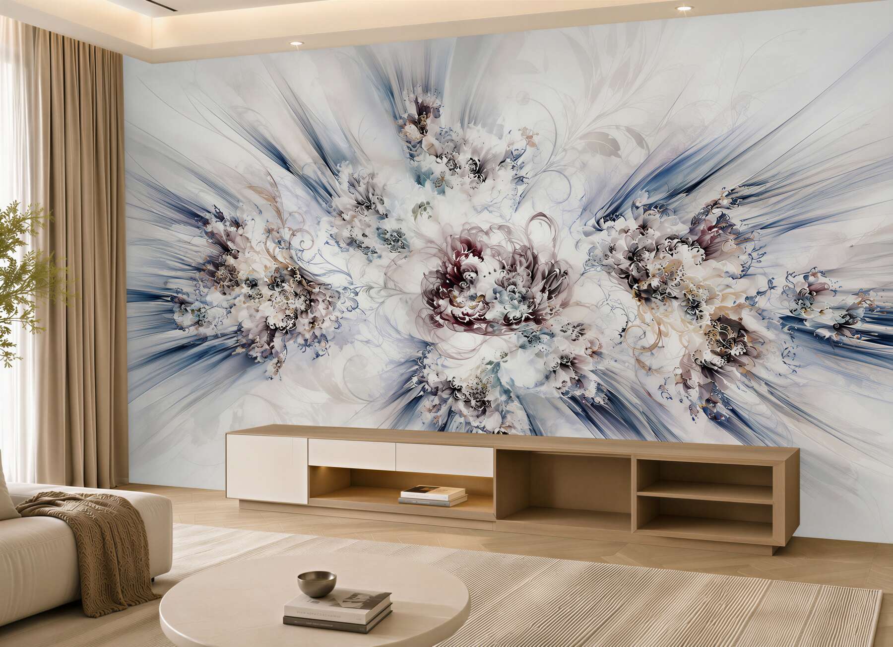 Fototapeten abstrakte Blumen blau-beige mit goldenen Linien