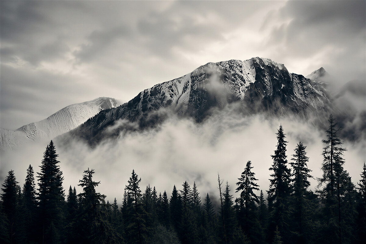 Fototapeten verschneite Berge und Fichtenwald im Nebel natürliche Landschaft