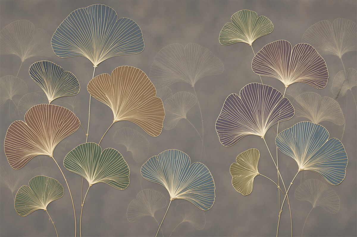 Fototapeten Pastell-Ginkgo-Blätter beige und blau elegant