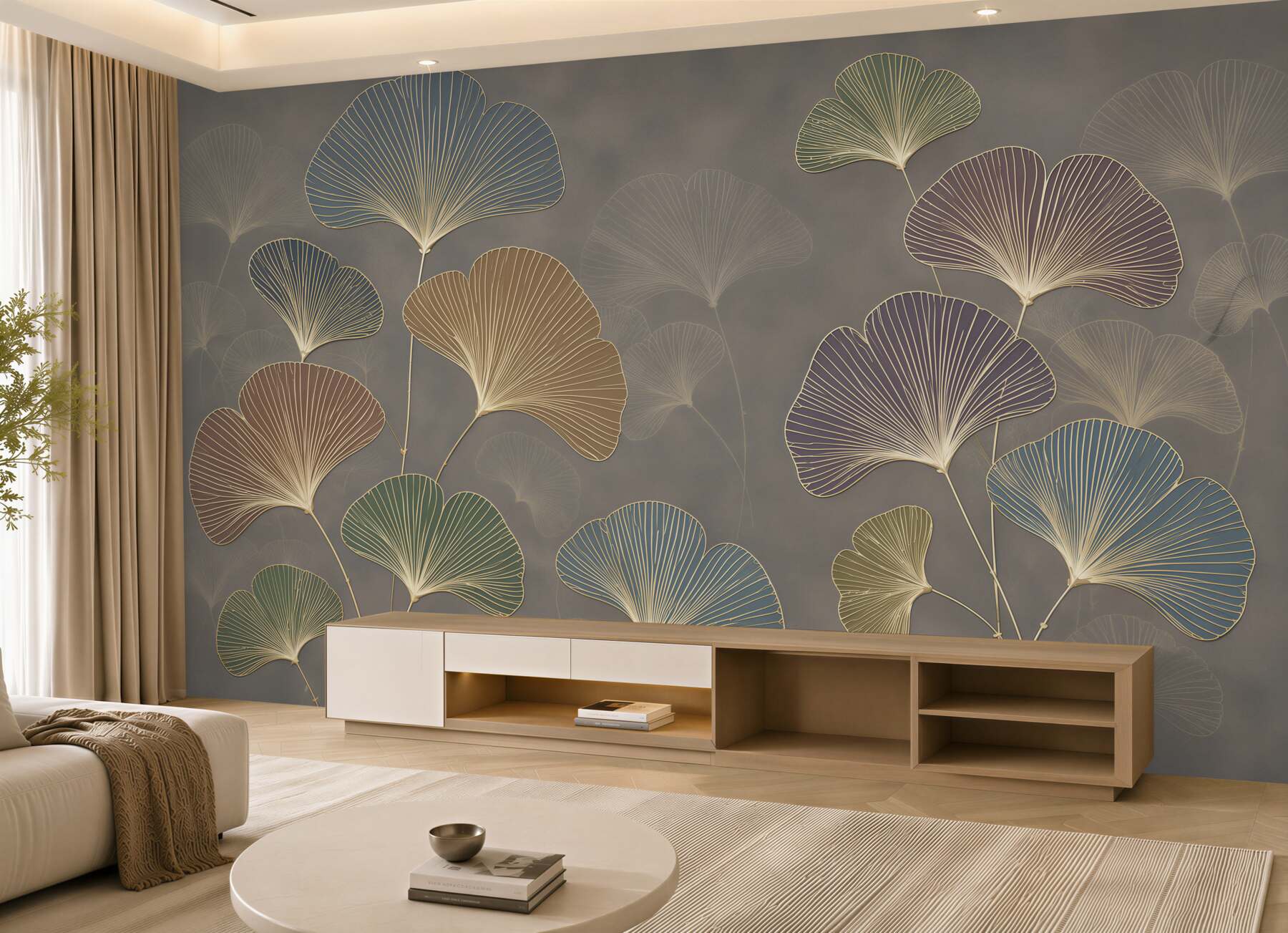 Fototapeten Pastell-Ginkgo-Blätter beige und blau elegant