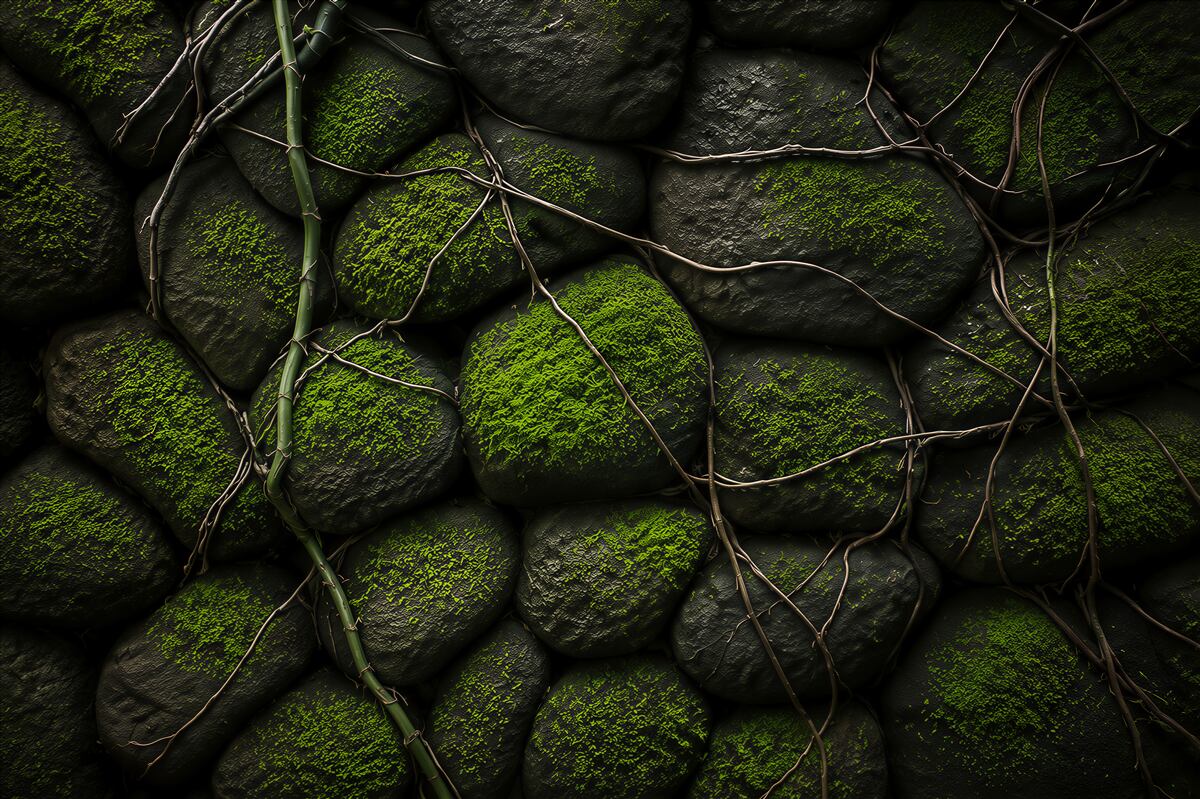 Fototapeten Steinwand mit Moos und Ranken natürlicher Waldmotiv