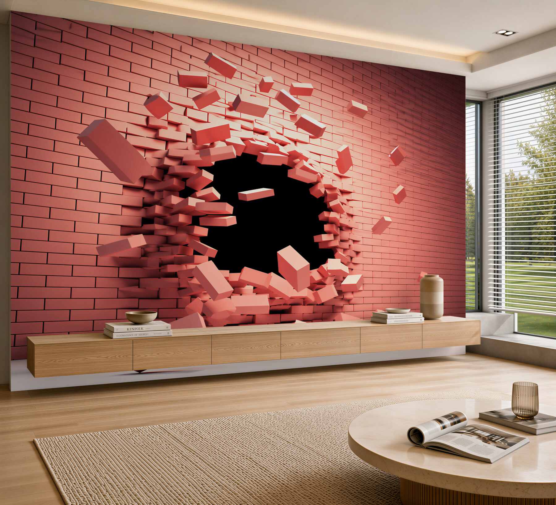 Fototapeten rissige rosa Wand 3D mit Öffnung modern