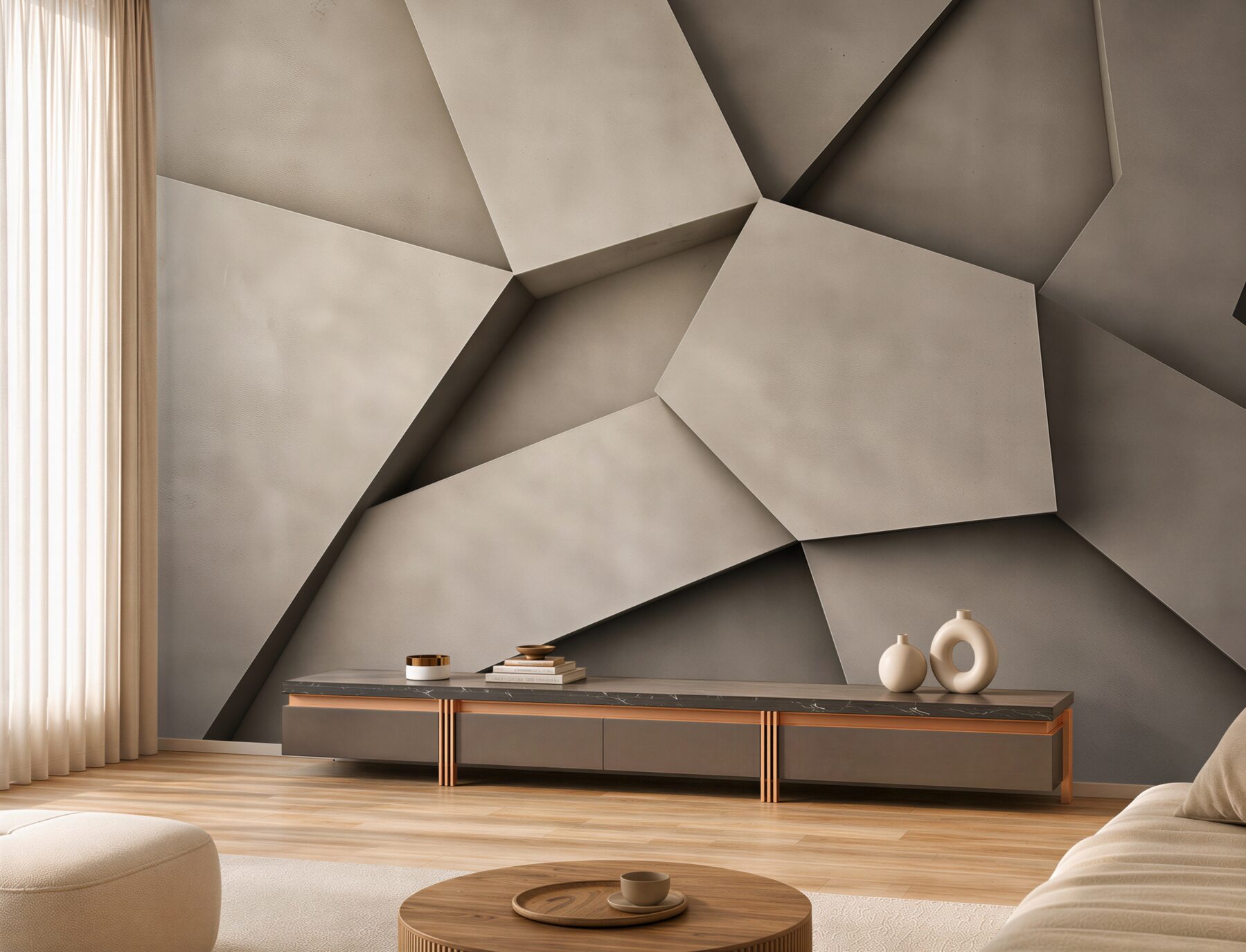 Fototapeten geometrische 3D-Paneele beige moderne Abstraktion für das Wohnzimmer