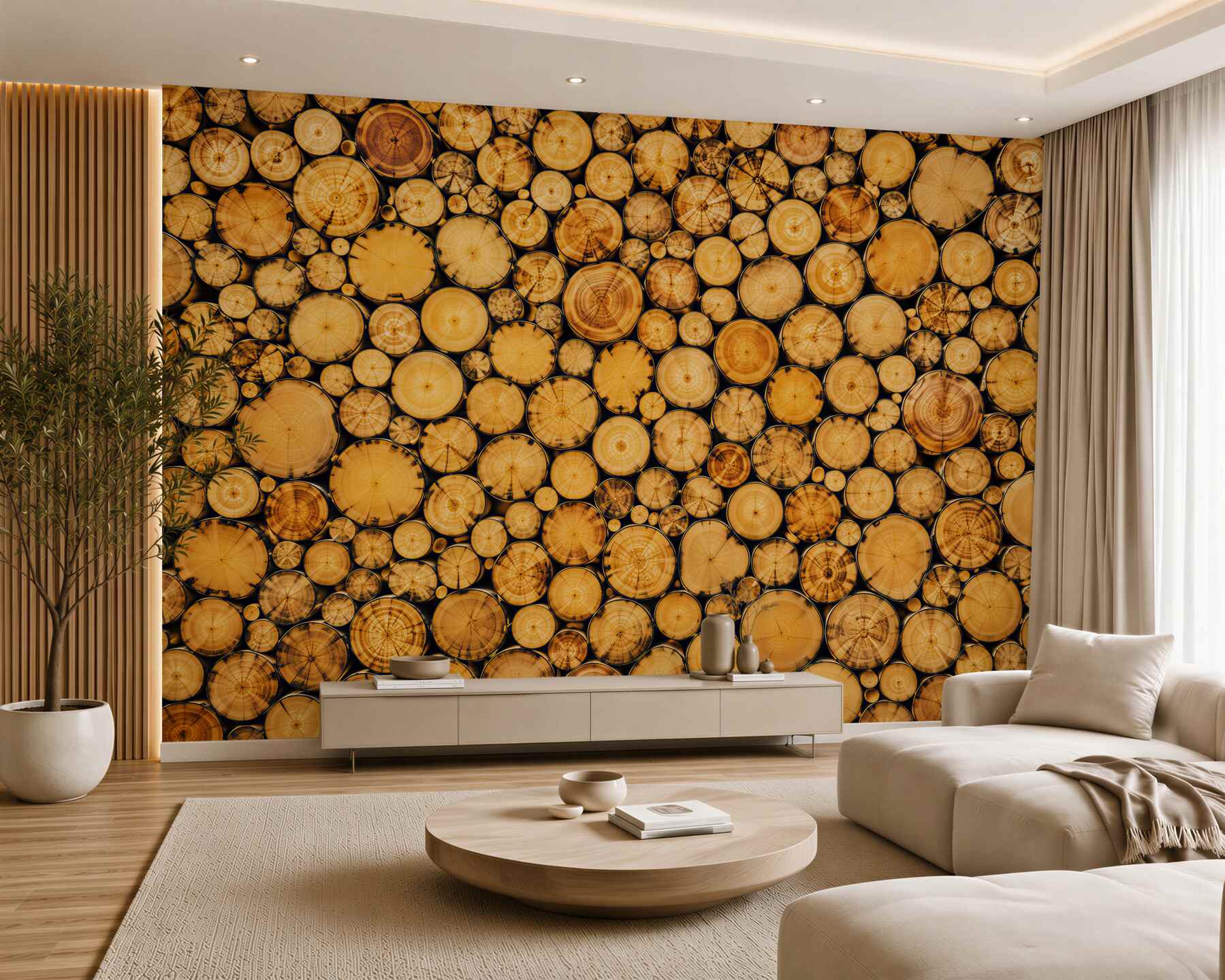 Fototapeten natürliche Holzscheiben in Beige für ökologische Innenräume