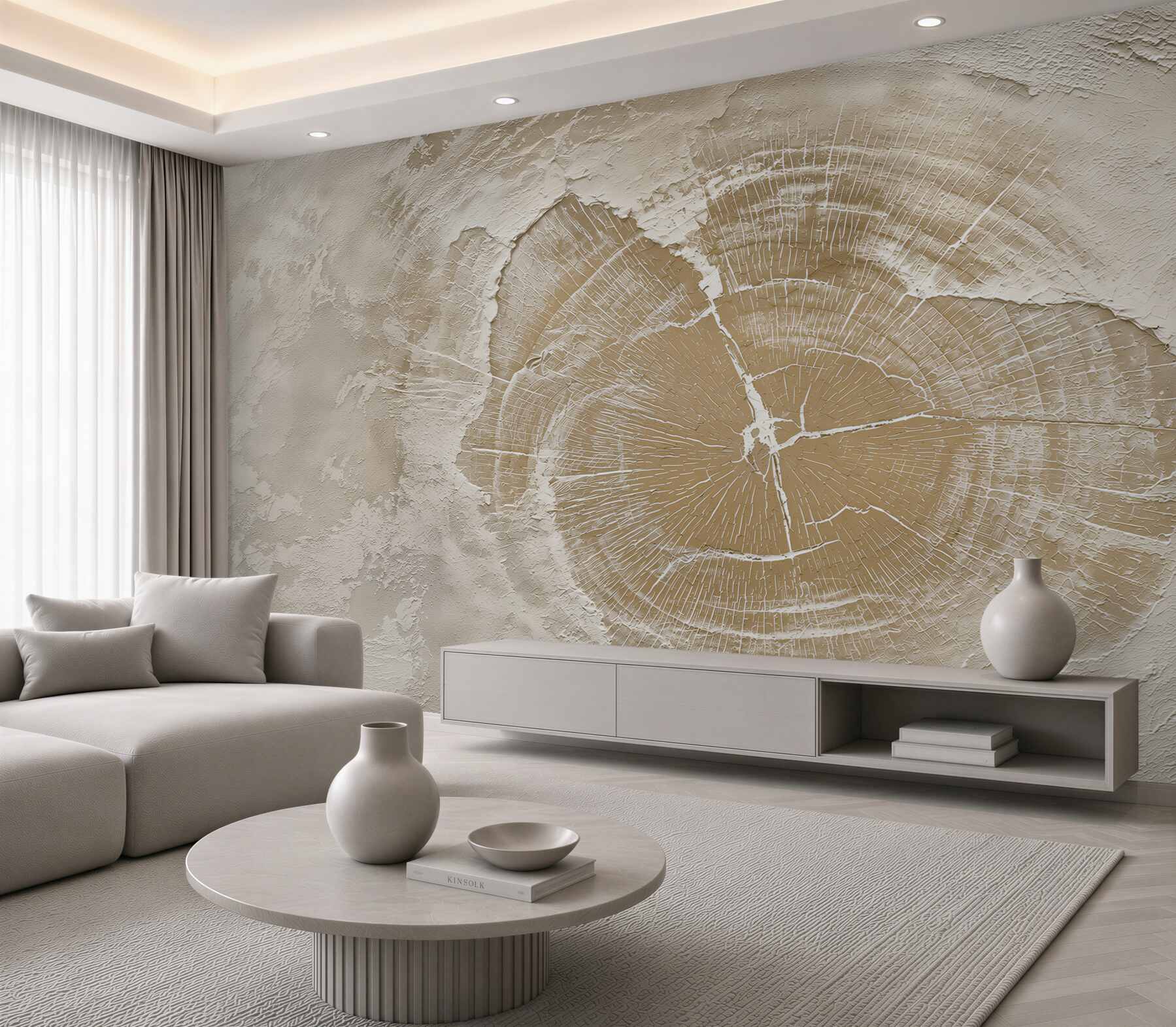 Fototapeten Baumstamm Querschnitt beige minimalistisches Muster natürlich