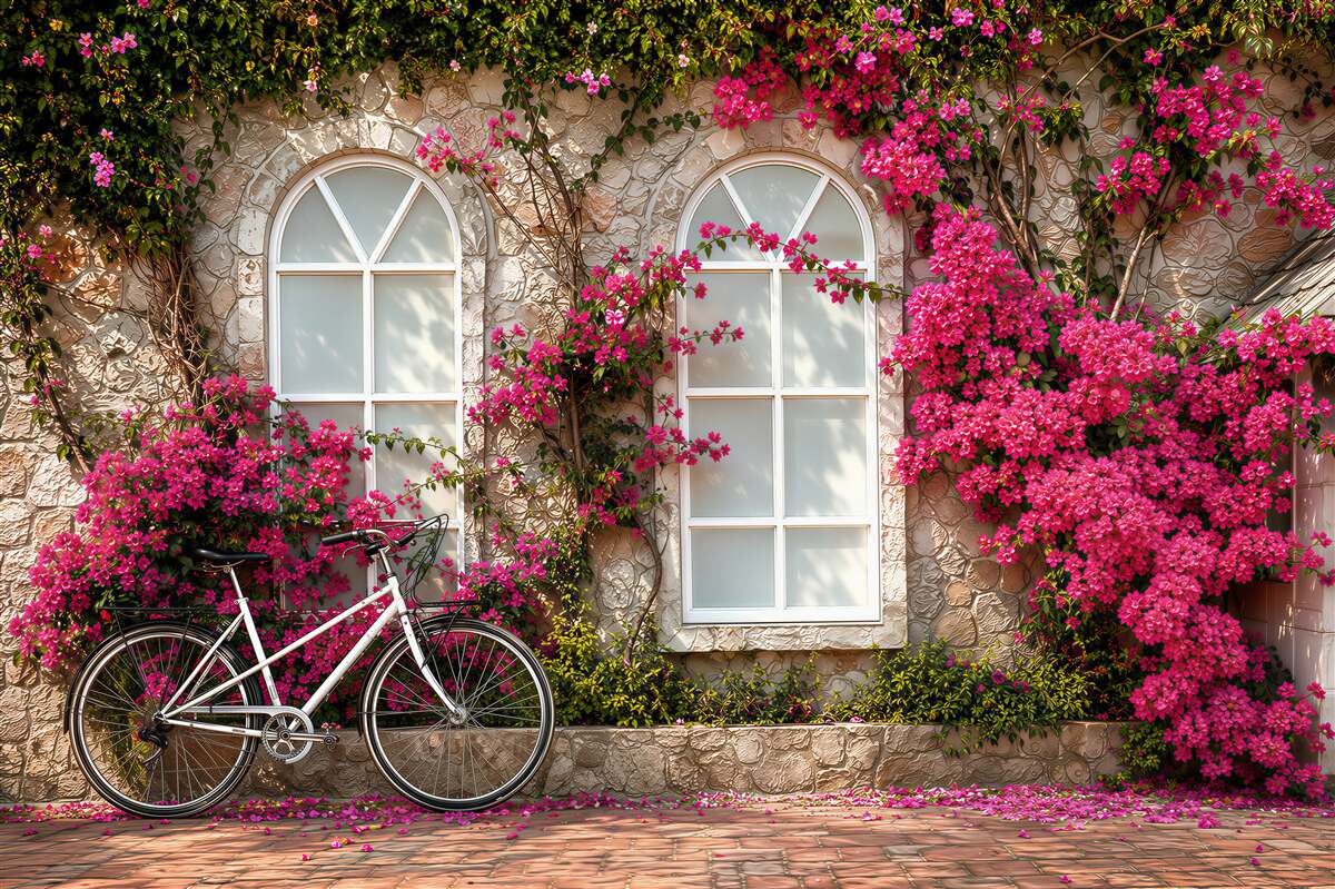 Fototapeten Fahrrad vor einer blühenden Wand mit Fenstern im romantischen Stil