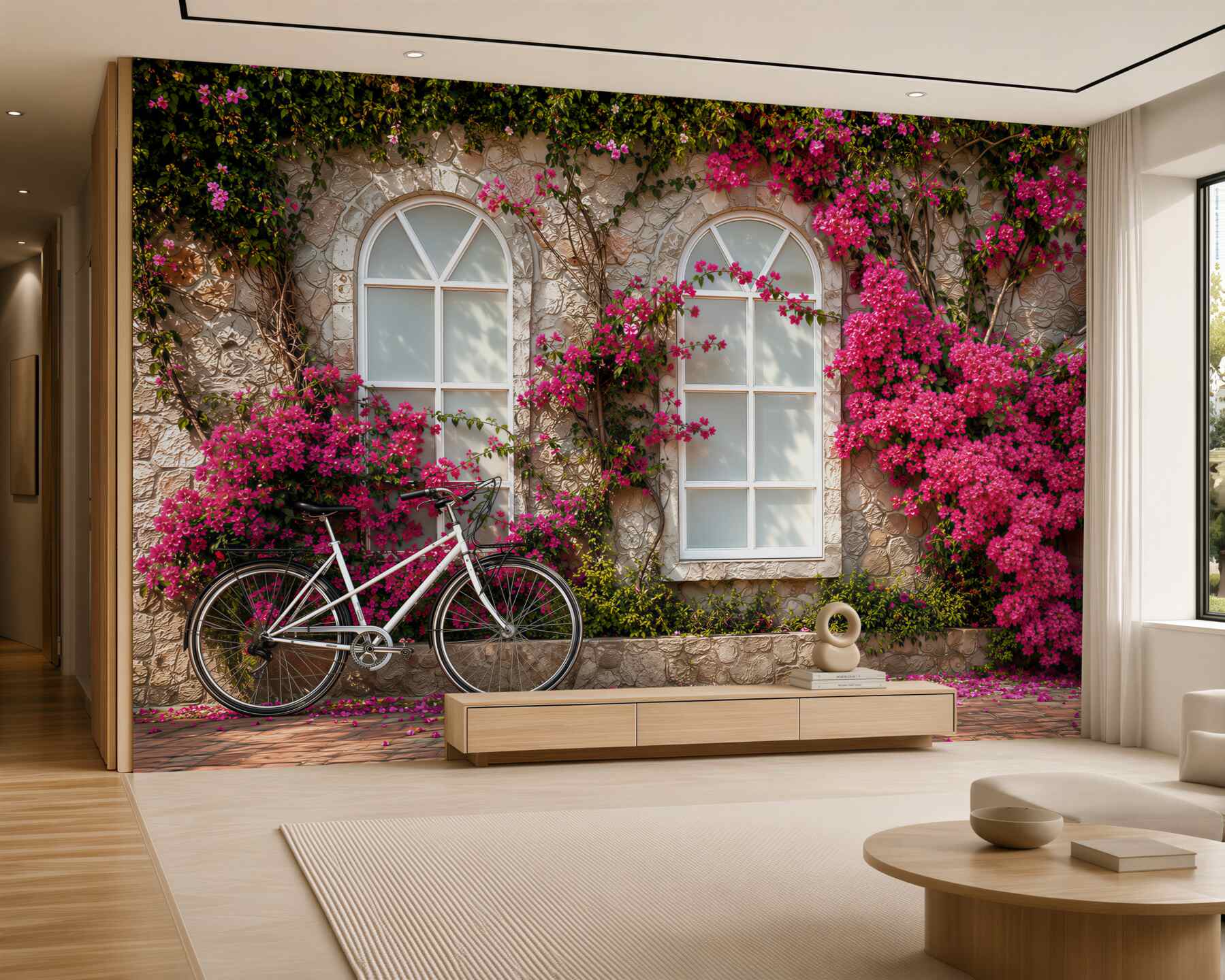 Fototapeten Fahrrad vor einer blühenden Wand mit Fenstern im romantischen Stil