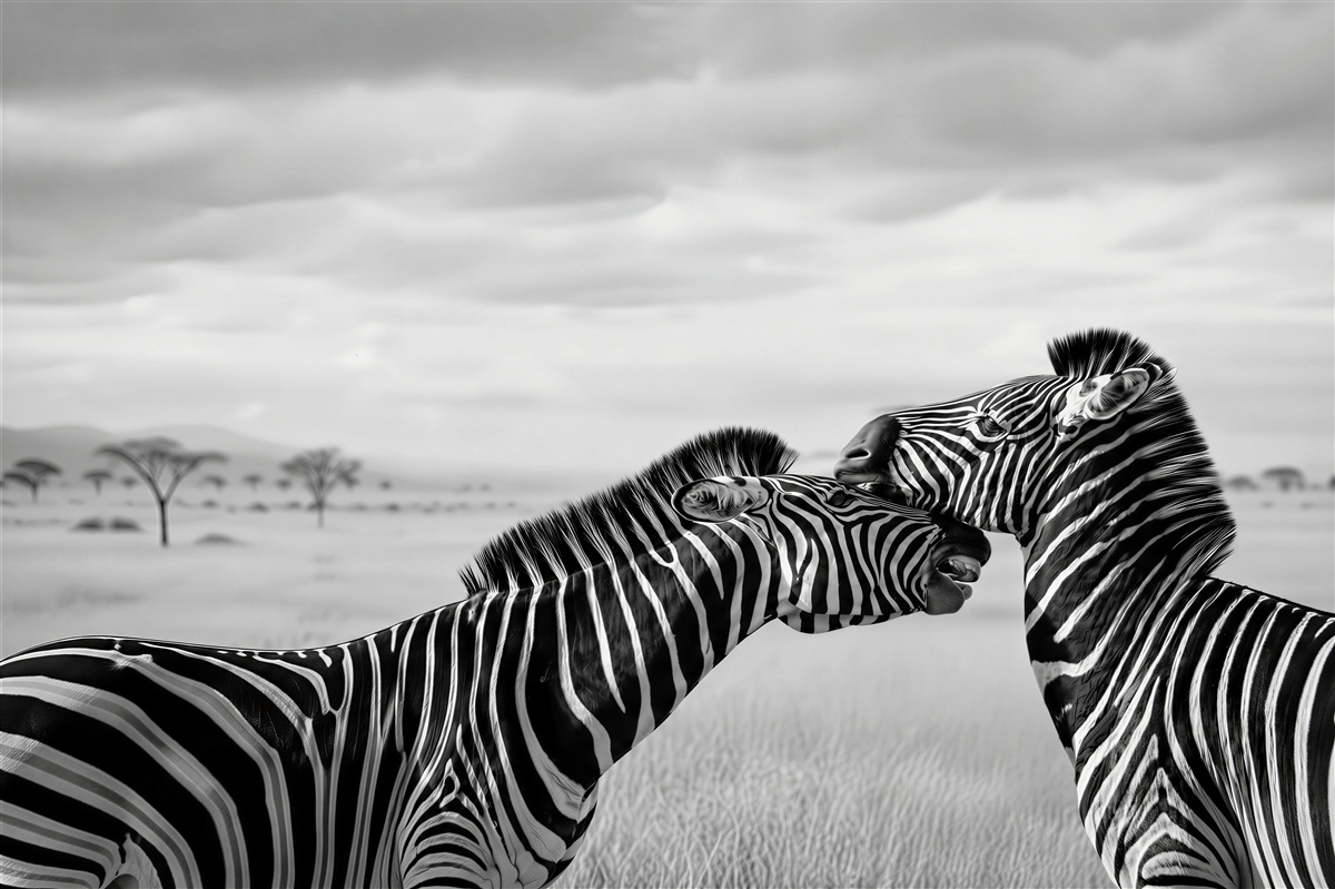 Fototapeten Zebras Sepia in der Savanne elegant für moderne Innenräume
