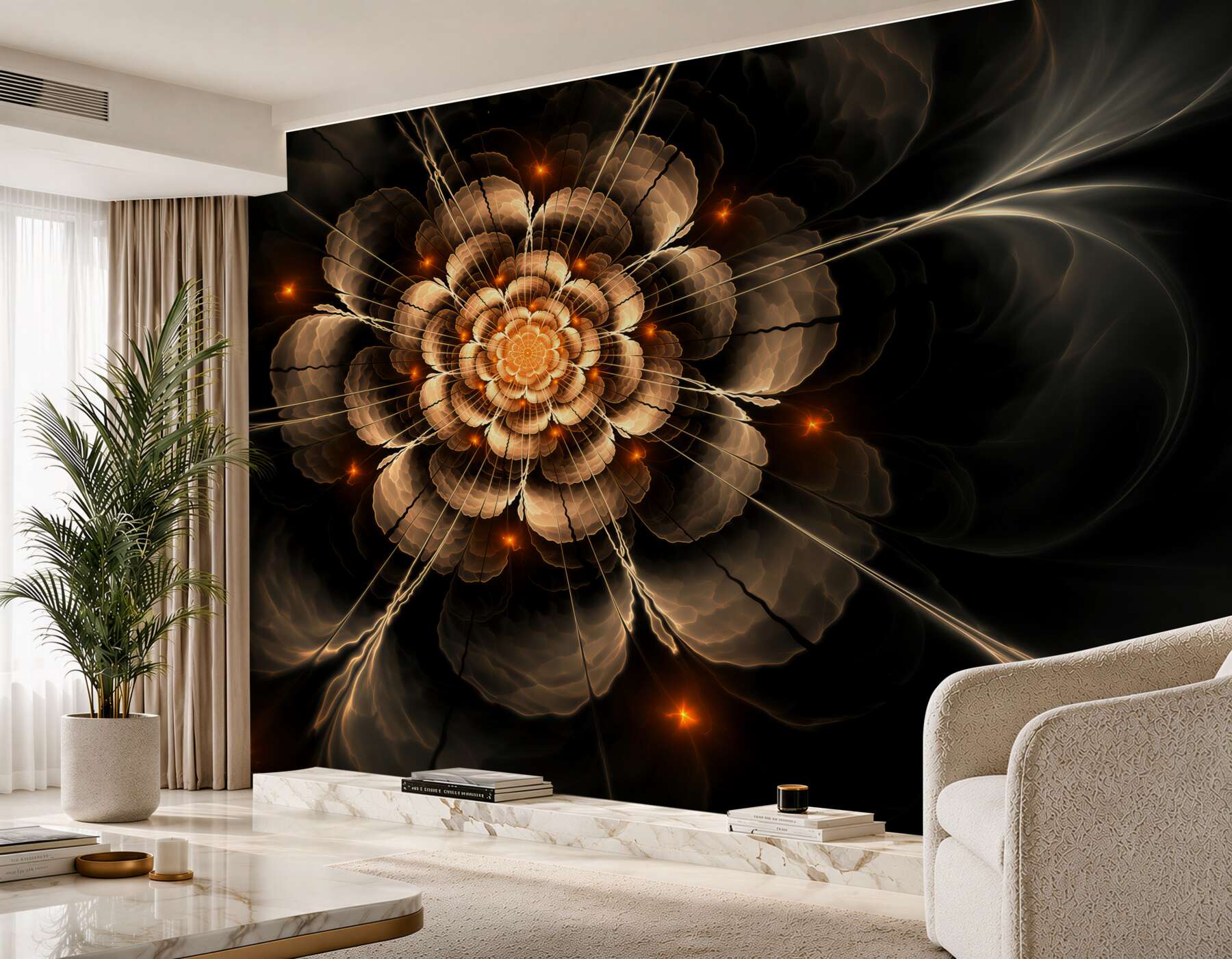 Fototapeten goldene abstrakte Blume auf cremefarbenem Hintergrund elegant