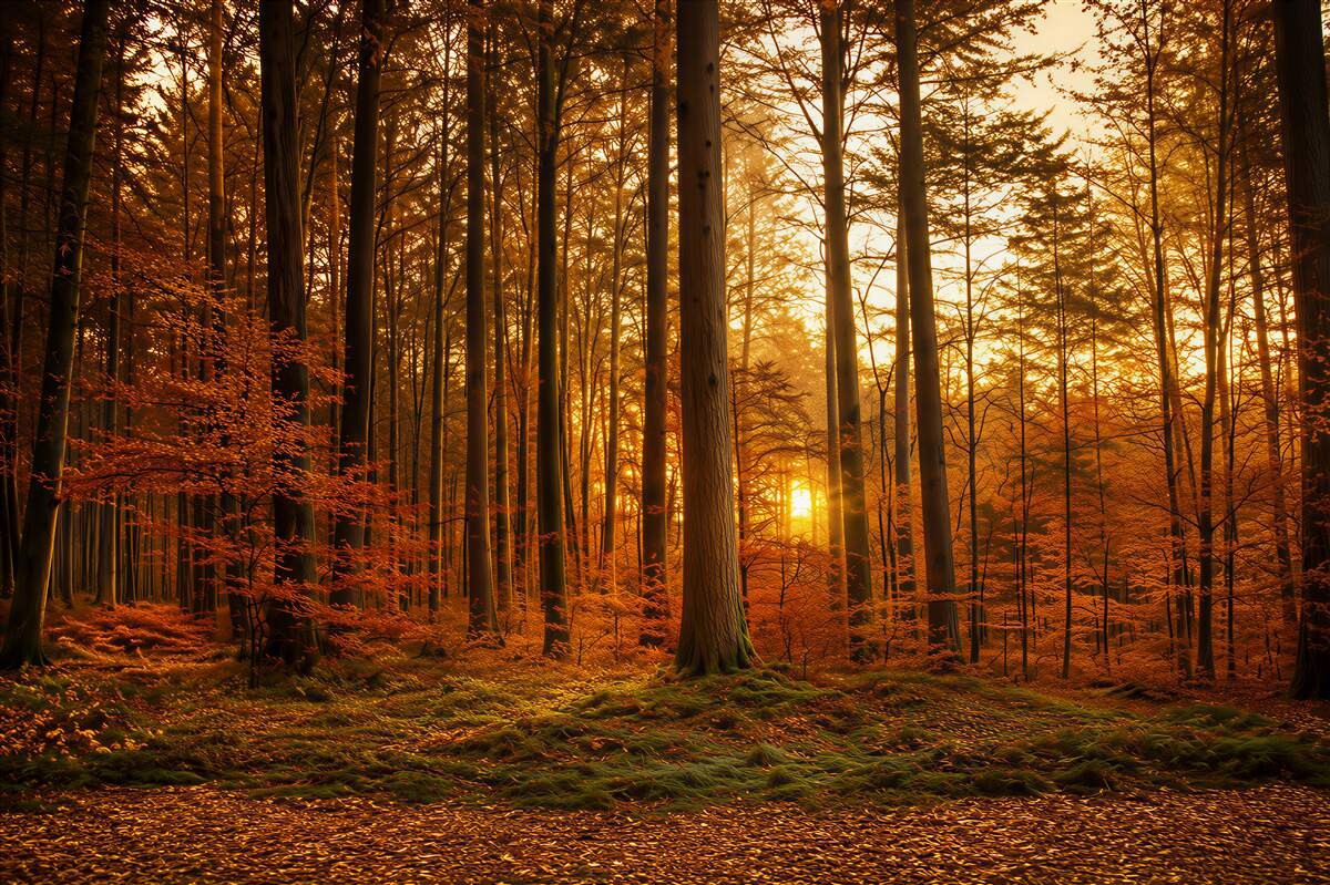 Fototapeten Herbstwald mit goldenem Glanz warme Dekoration für das Wohnzimmer