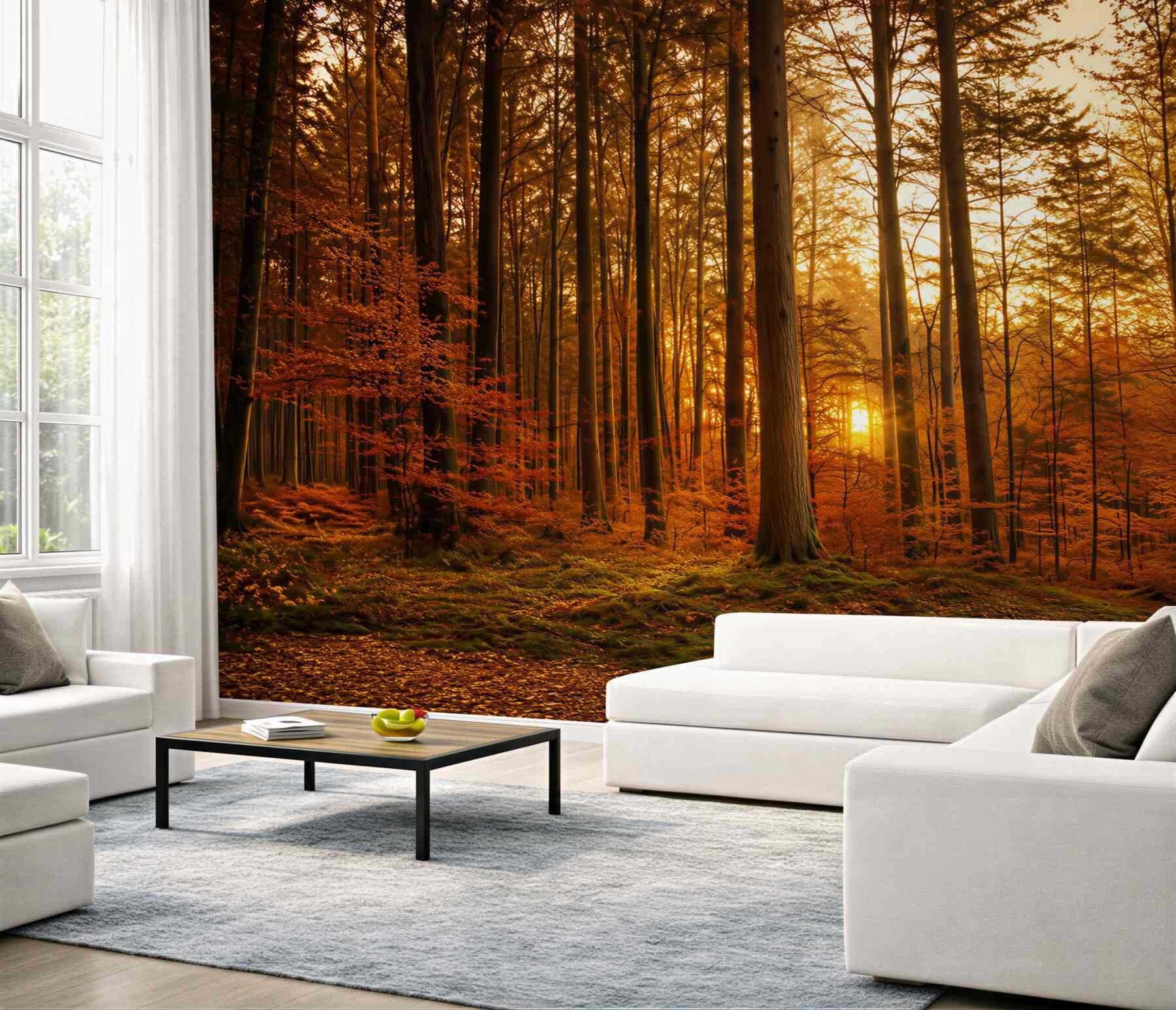 Fototapeten Herbstwald mit goldenem Glanz warme Dekoration für das Wohnzimmer