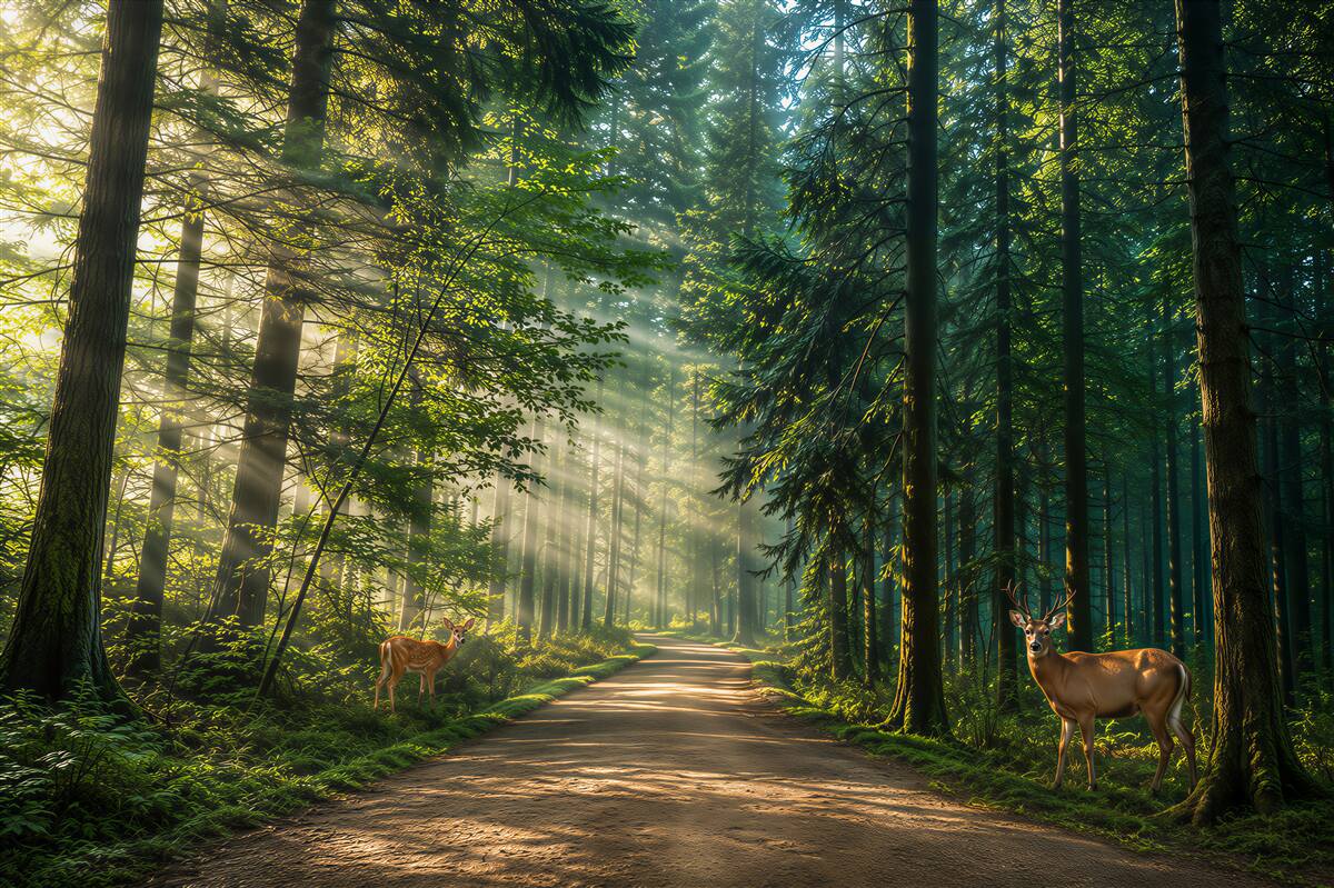 Fototapeten Waldweg mit Rehen unter Sonnenstrahlen