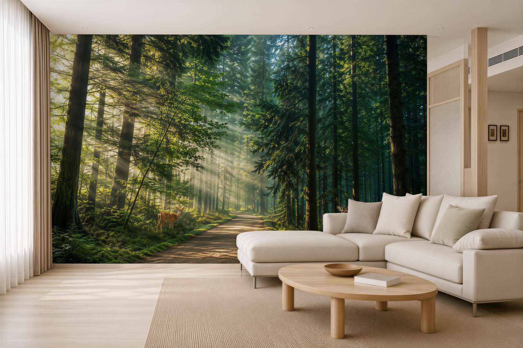 Fototapeten Waldweg mit Rehen unter Sonnenstrahlen