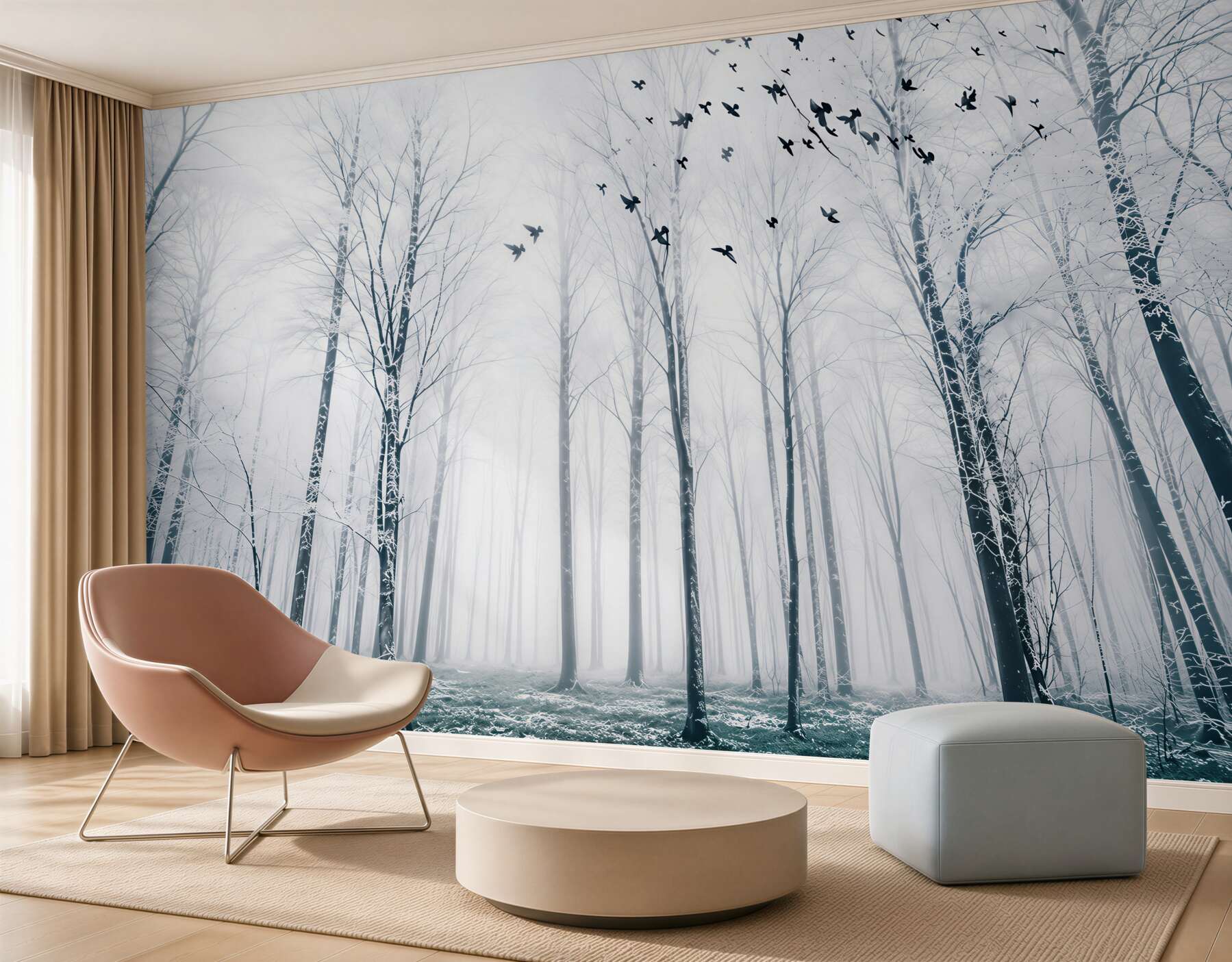Fototapeten Winterwald im Nebel mit Vögeln in hellen Pastellfarben