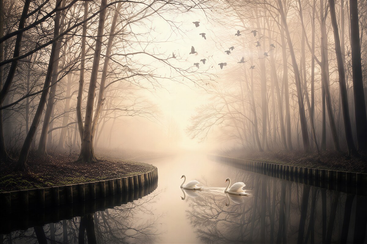 Fototapeten Schwäne im Nebel auf dem Fluss mit blühenden Bäumen bei Sonnenaufgang