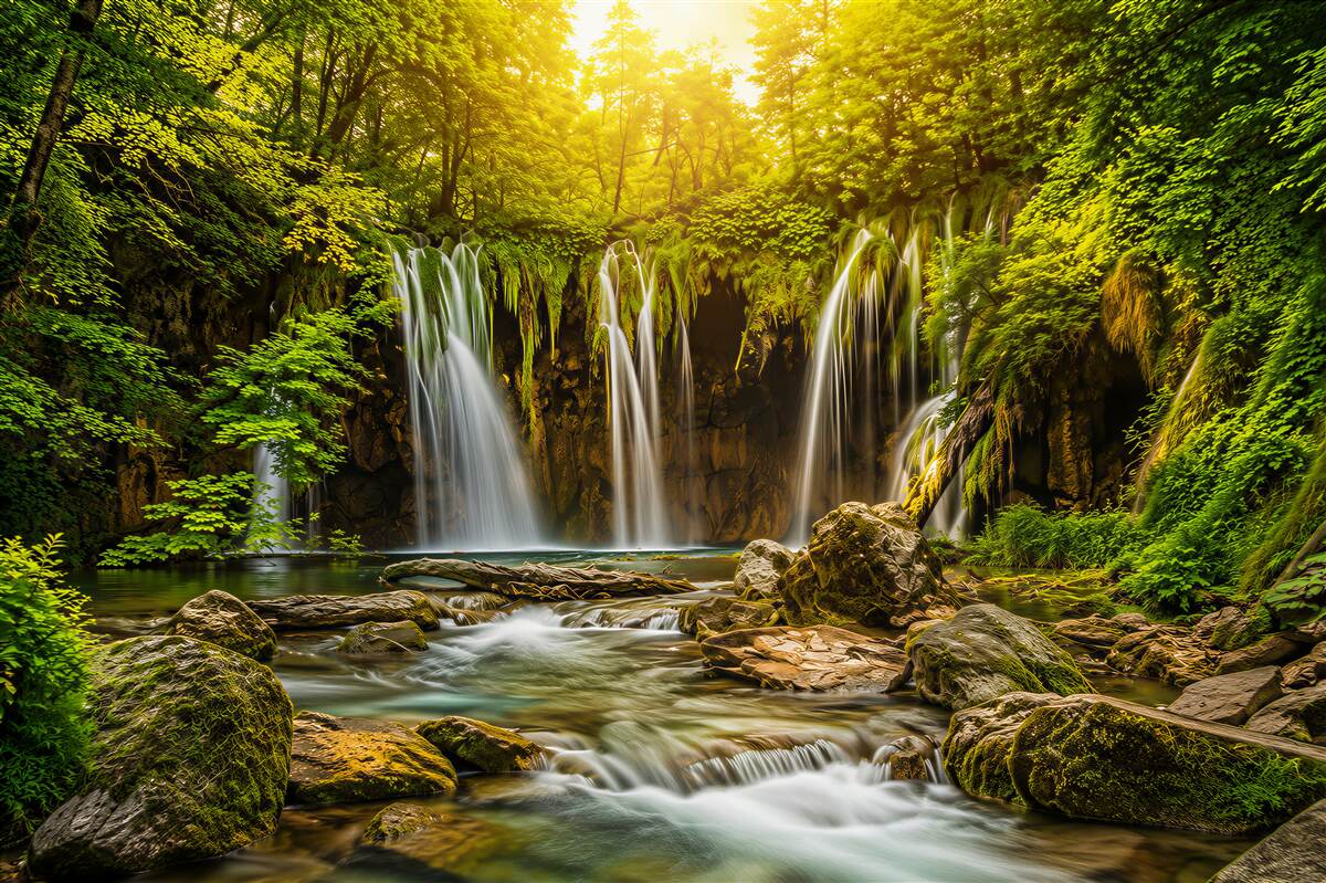 Fototapeten Wasserfall im grünen Wald mit türkisfarbenem Wasser und Sonnenstrahlen