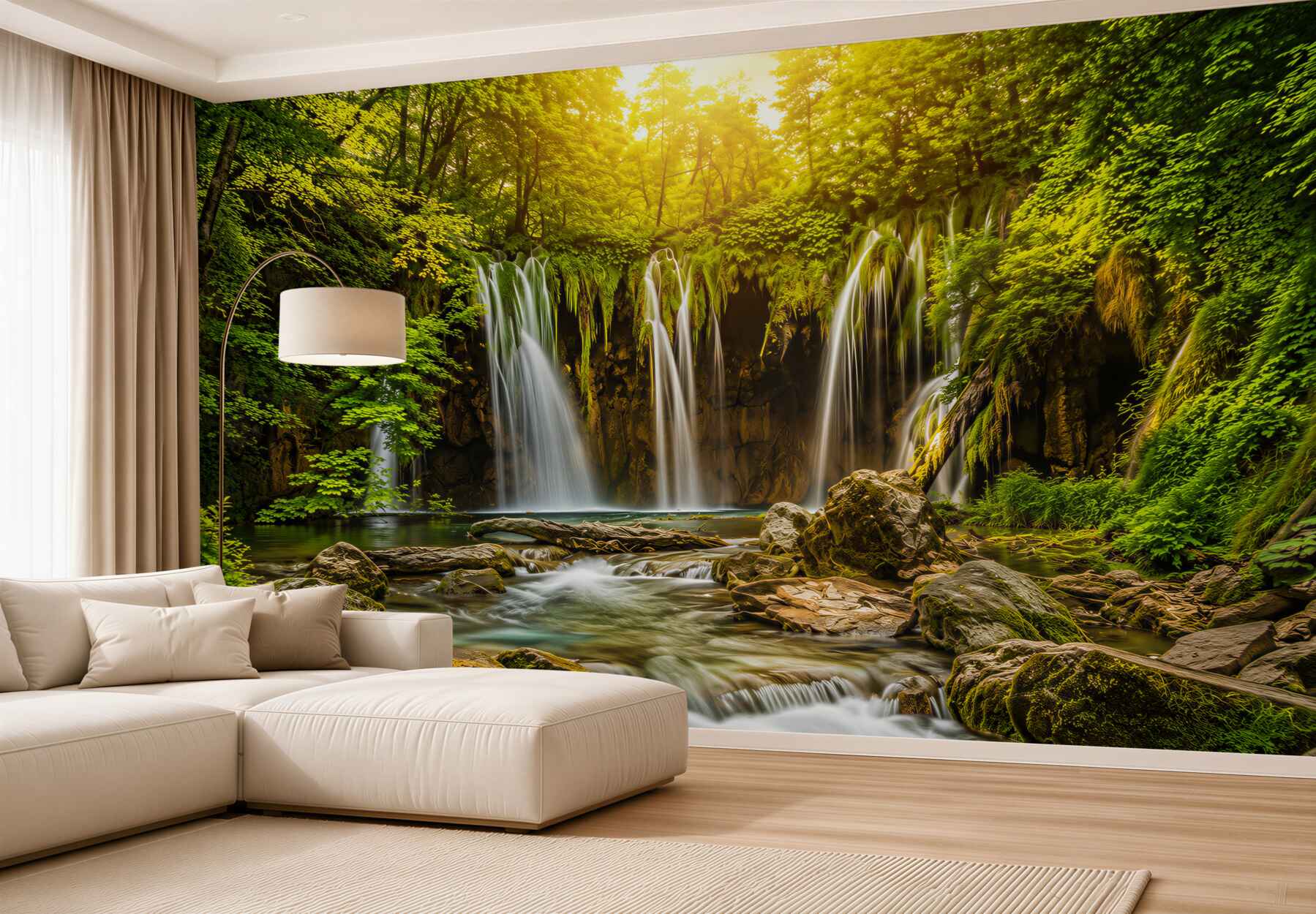 Fototapeten Wasserfall im grünen Wald mit türkisfarbenem Wasser und Sonnenstrahlen