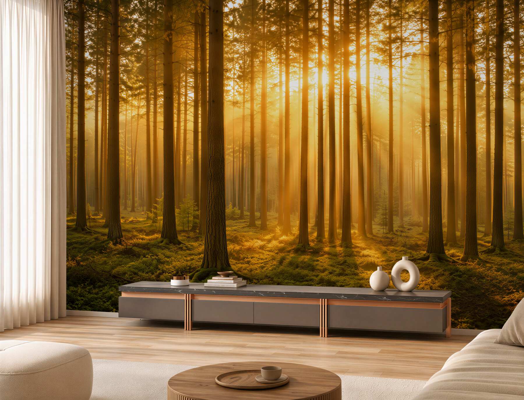 Fototapeten Kieferwald im Nebel mit goldenem Licht ruhige Natur