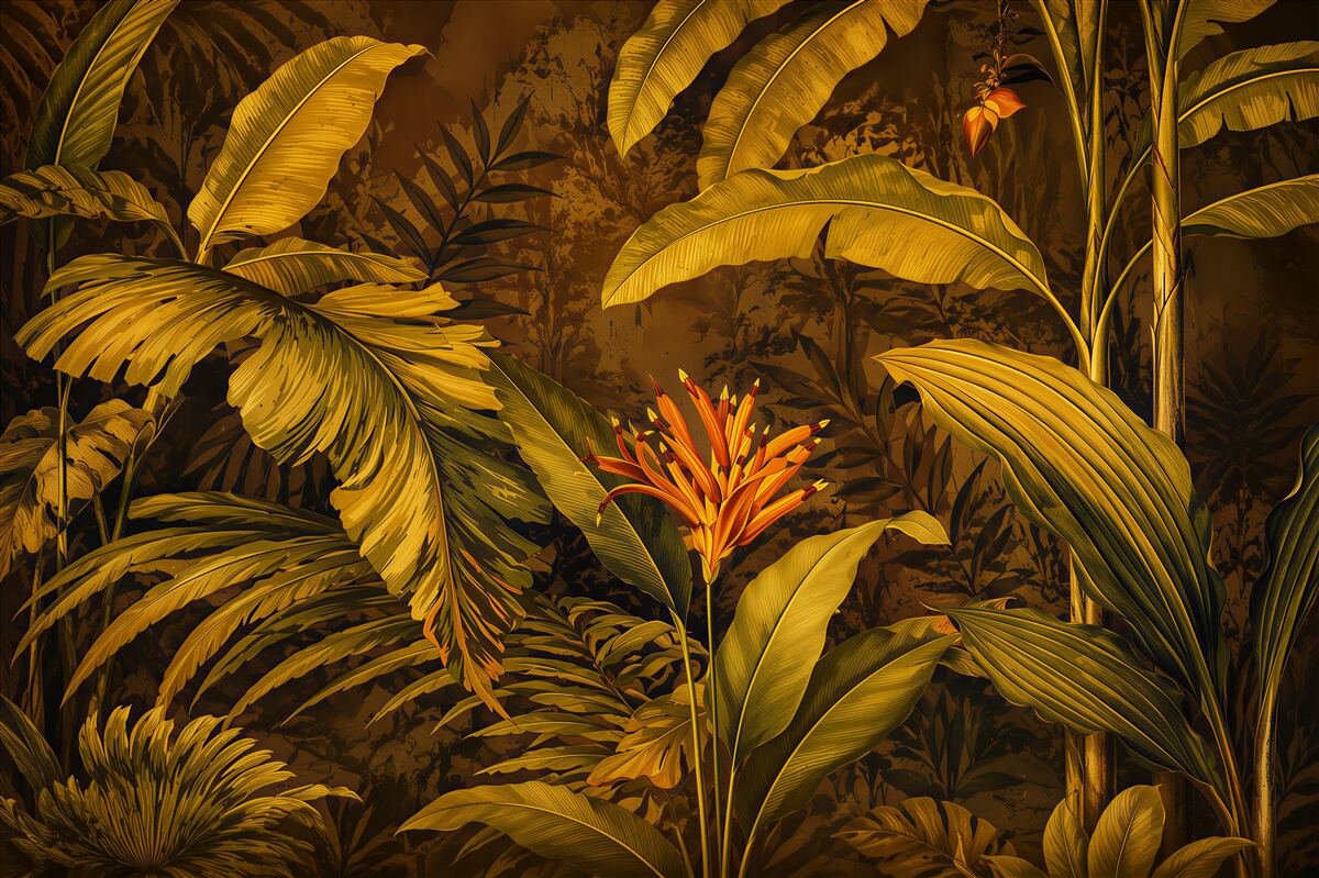 Fototapeten tropische Blätter und exotische Blumen mit Kolibris in einem beigen Dschungel
