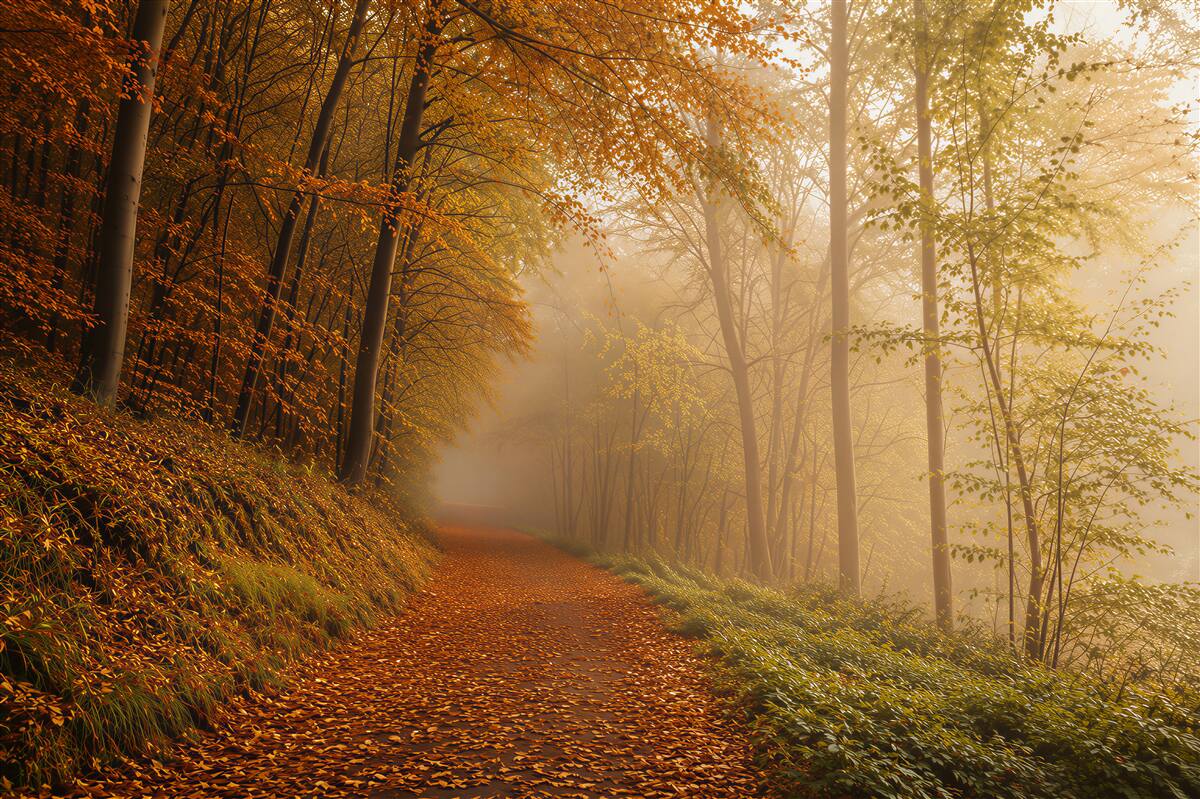 Fototapeten Herbstwald im Nebel mit Sonnenstrahlen