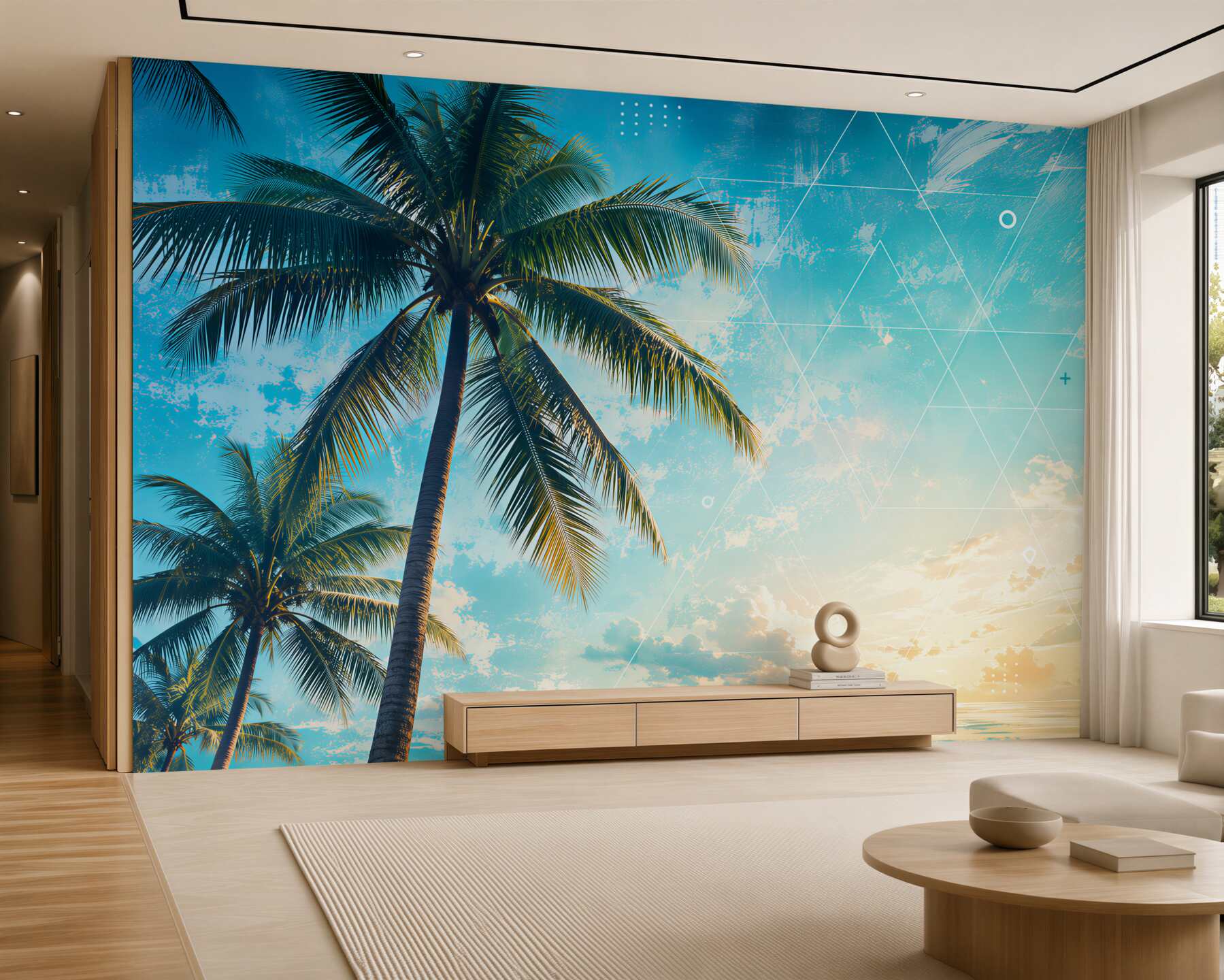 Fototapeten paradiesischer Strand mit Palmen und Meer im goldenen Licht
