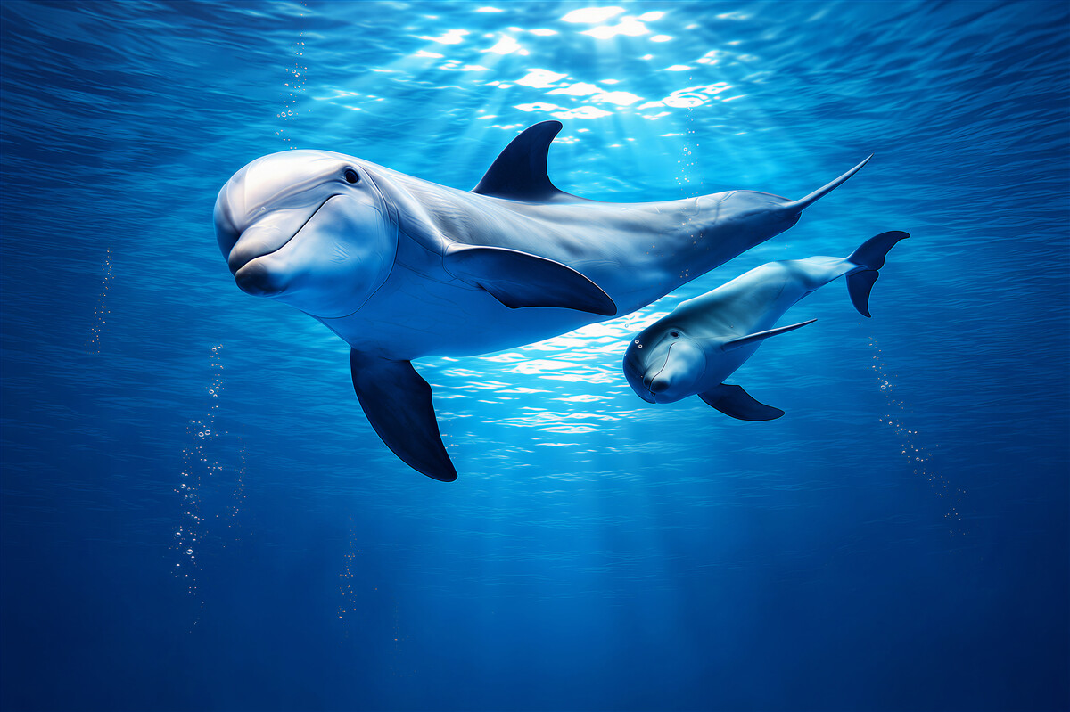 Fototapeten Delfine unter Wasser im ruhigen blauen Ozean