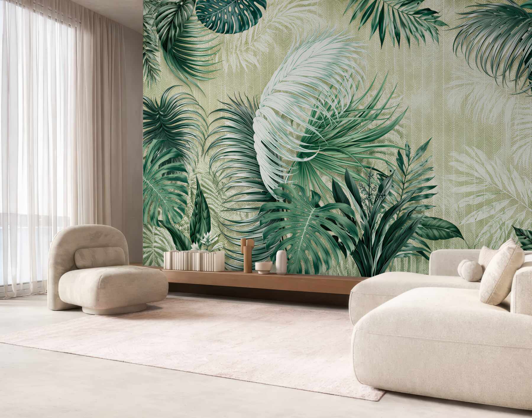 Fototapeten tropische Blätter grün Monstera und Palme auf hellem Hintergrund
